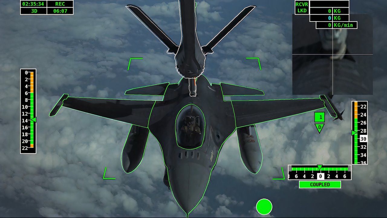 A330 MRTT refueling camera view of an F-16 receiving fuel