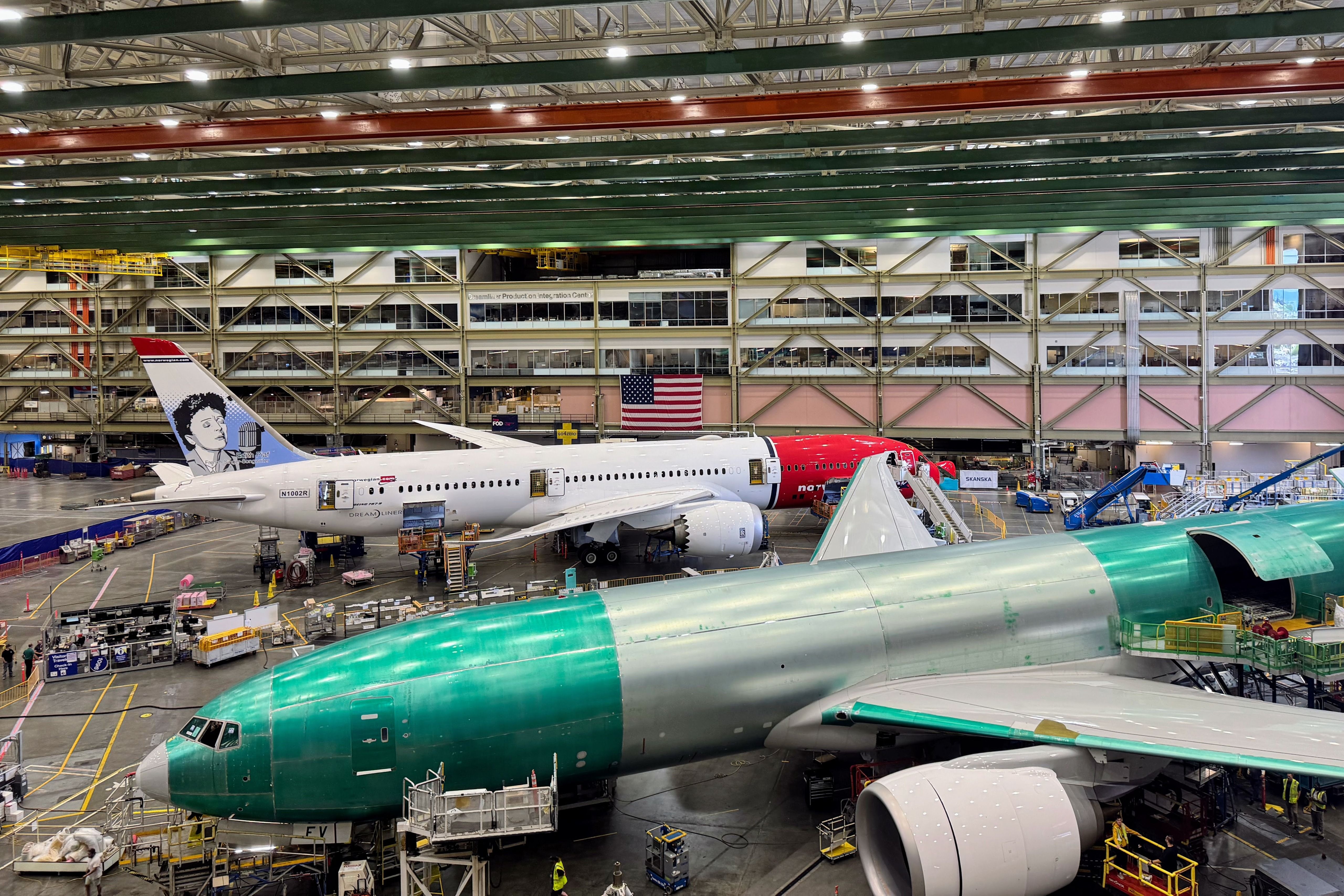 Unfinished Boeing 787 Dreamliner on the assembly line