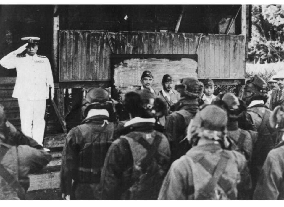  Last known photograph of Admiral Isoroku Yamamoto alive saluting naval pilots at Rabaul