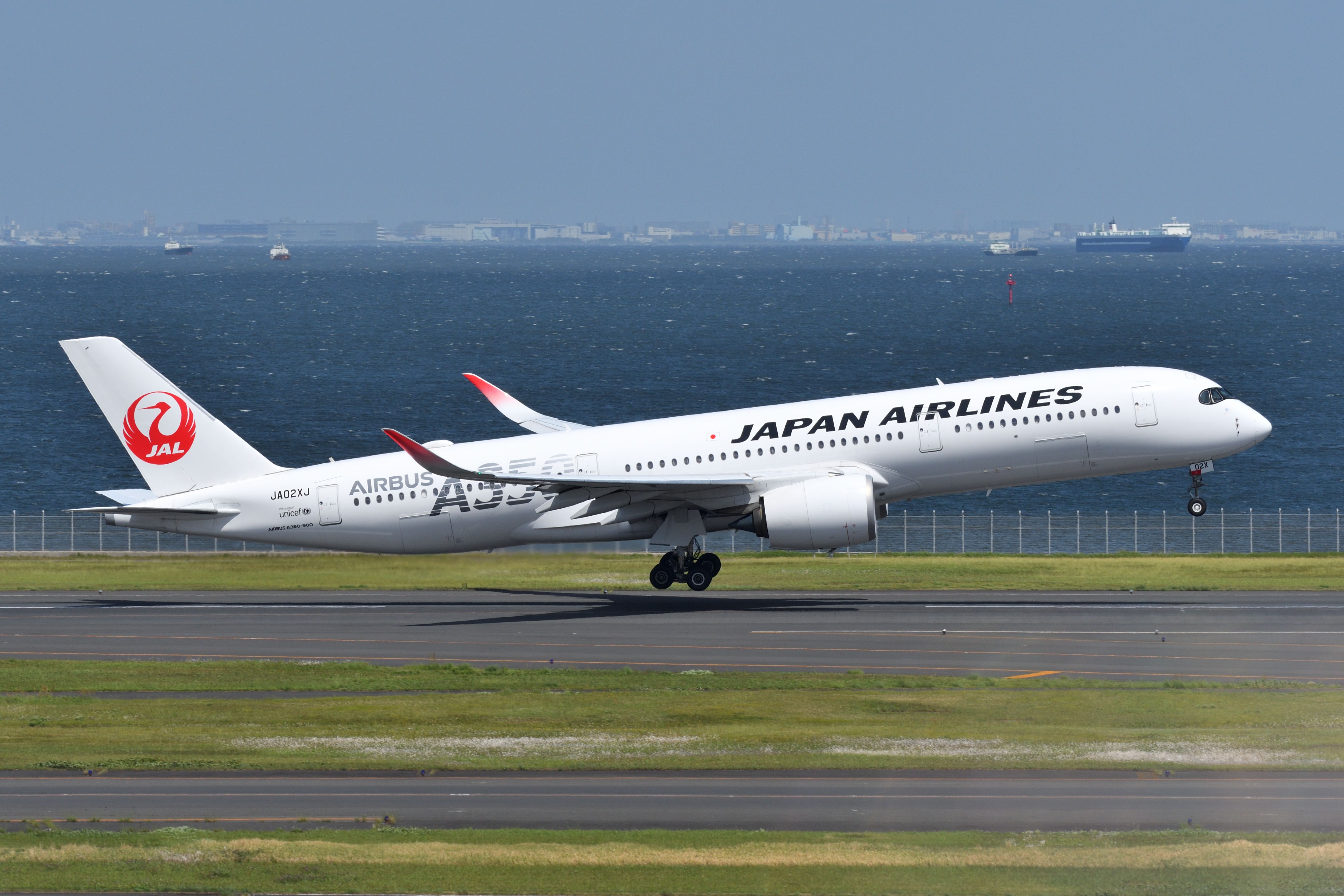 Japan Airlines Airbus A350-900 departing Tokyo shutterstock_1982244668