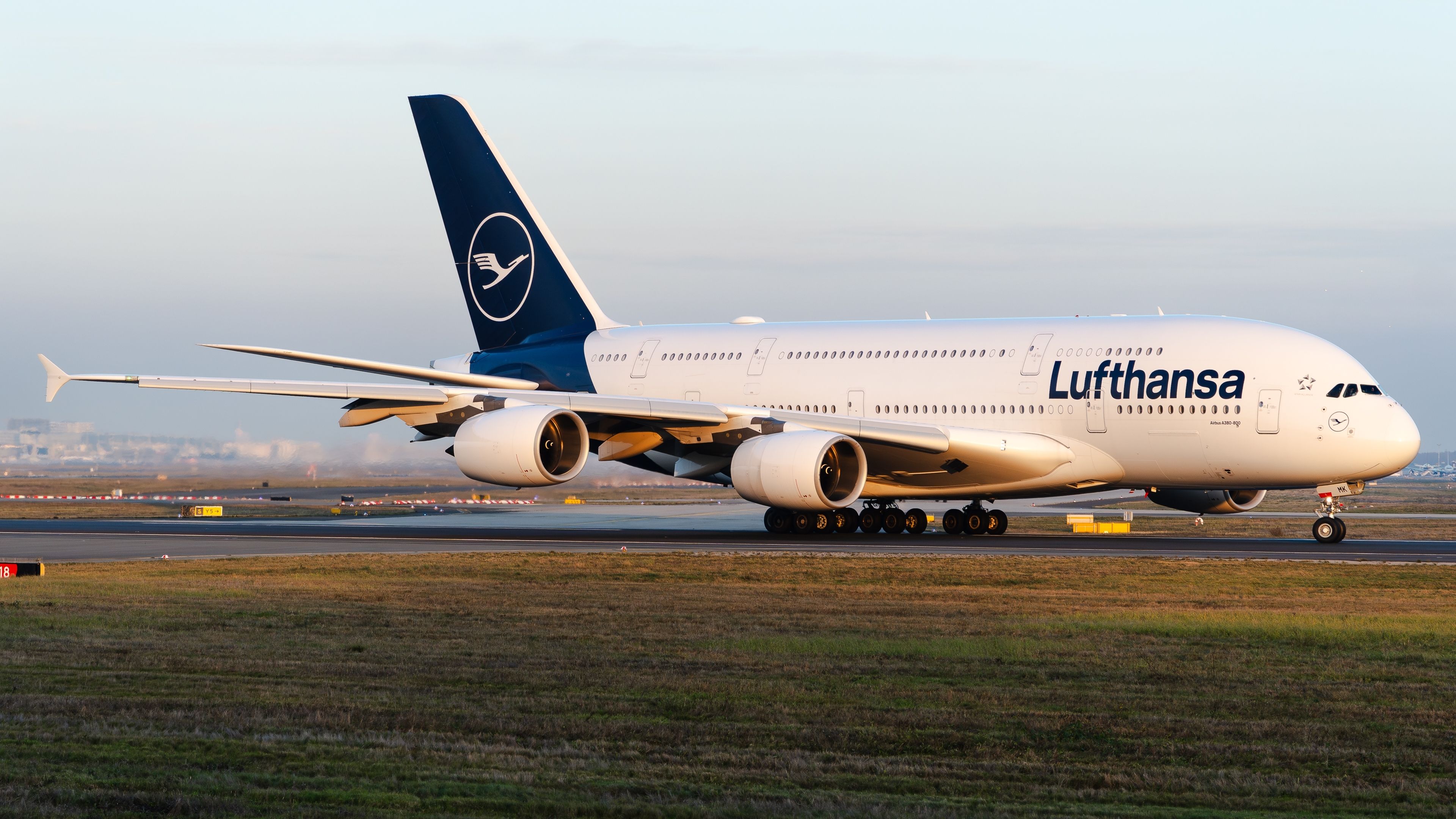 Lufthansa Airbus A380 D-AIMK departing FRA shutterstock_2446491271