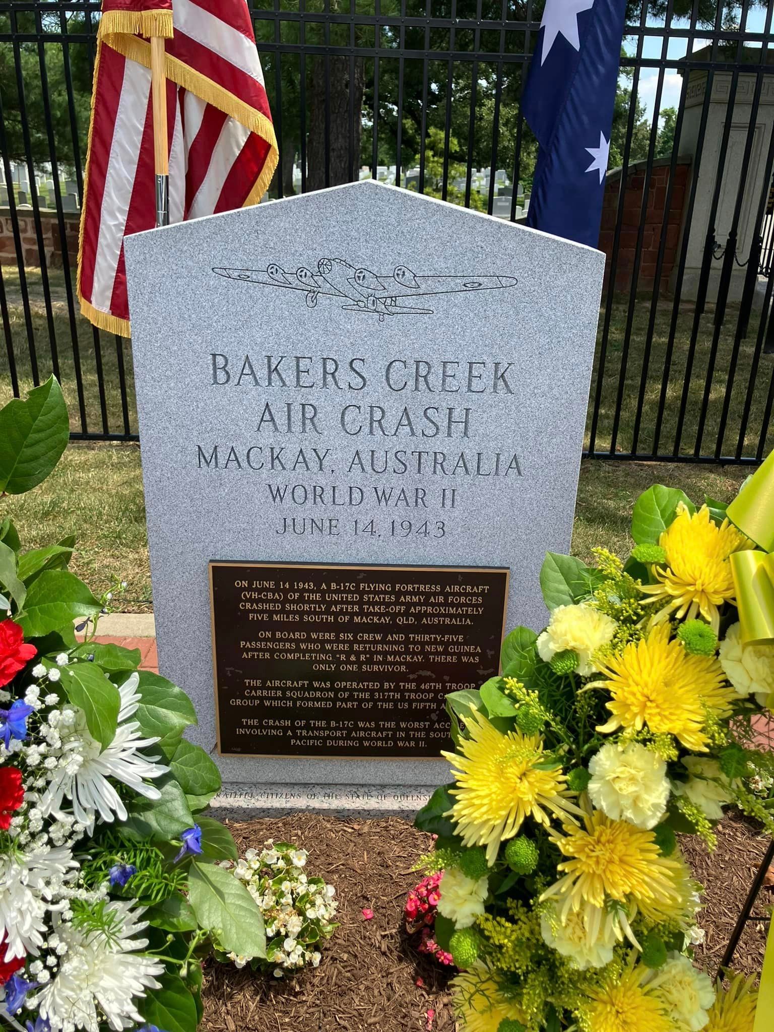 Memorial plaque and wreaths at 2024 Bakers Creek Air Crash Memorial Service Fort Myer VA