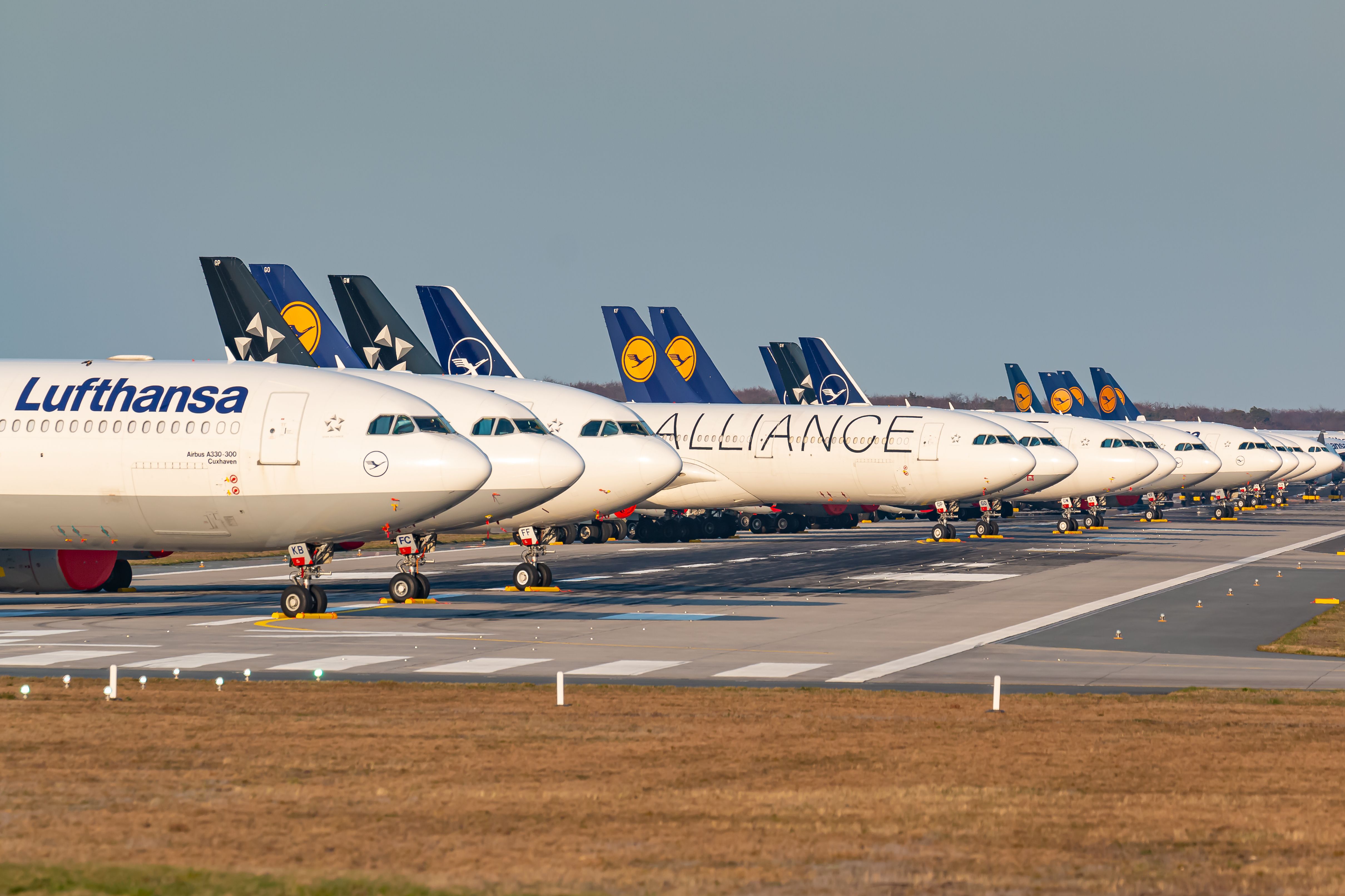 Parked Lufthansa aircraft at Frankfurt Airport FRA shutterstock_1697255065