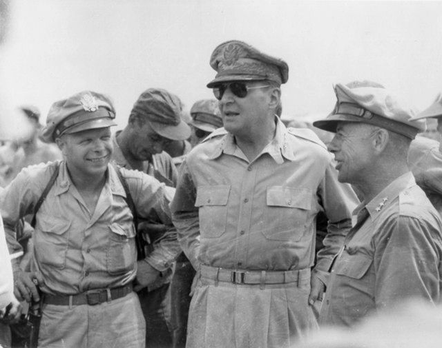 Photo of Richard Bong with Generals MacArthur and Kenney