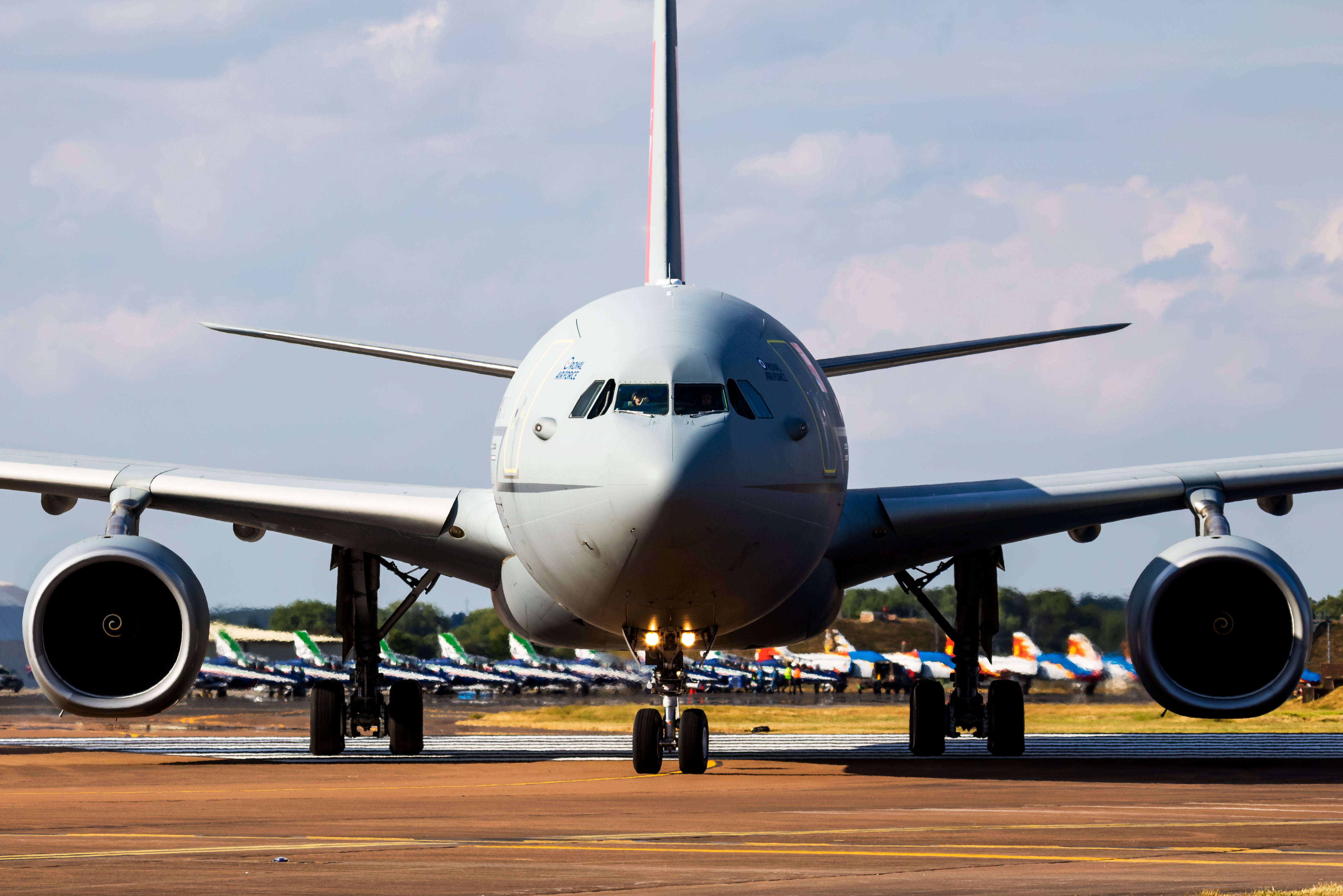 Front view of an A330 MRTT sitting stationary on the apron.