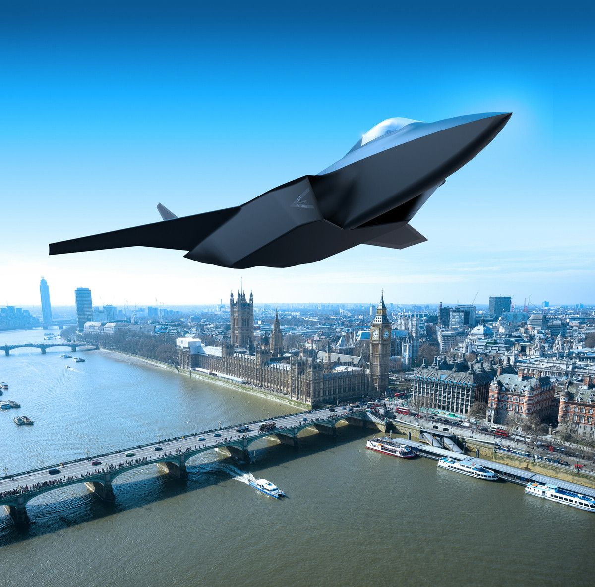 A Tempest fighter jet flying over London