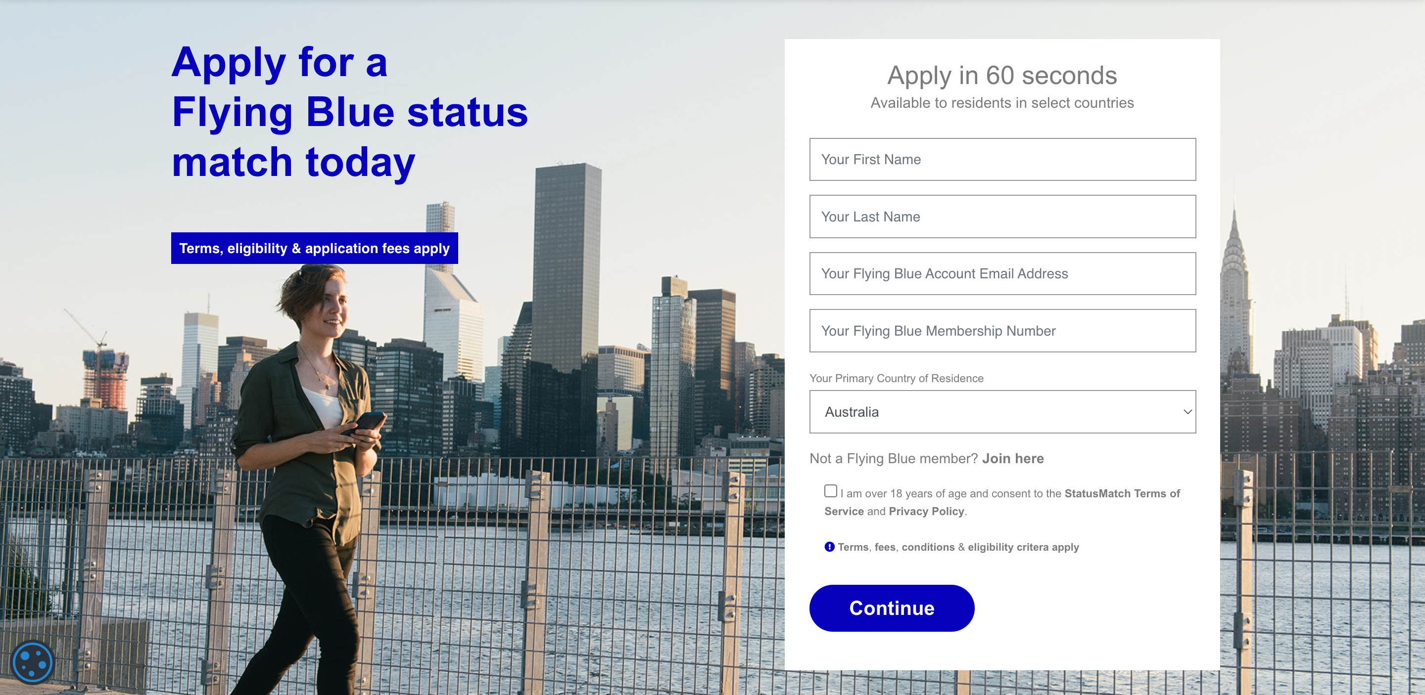 Flying Blue status match application page