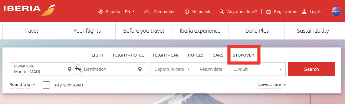 A screenshot of Iberia's main page