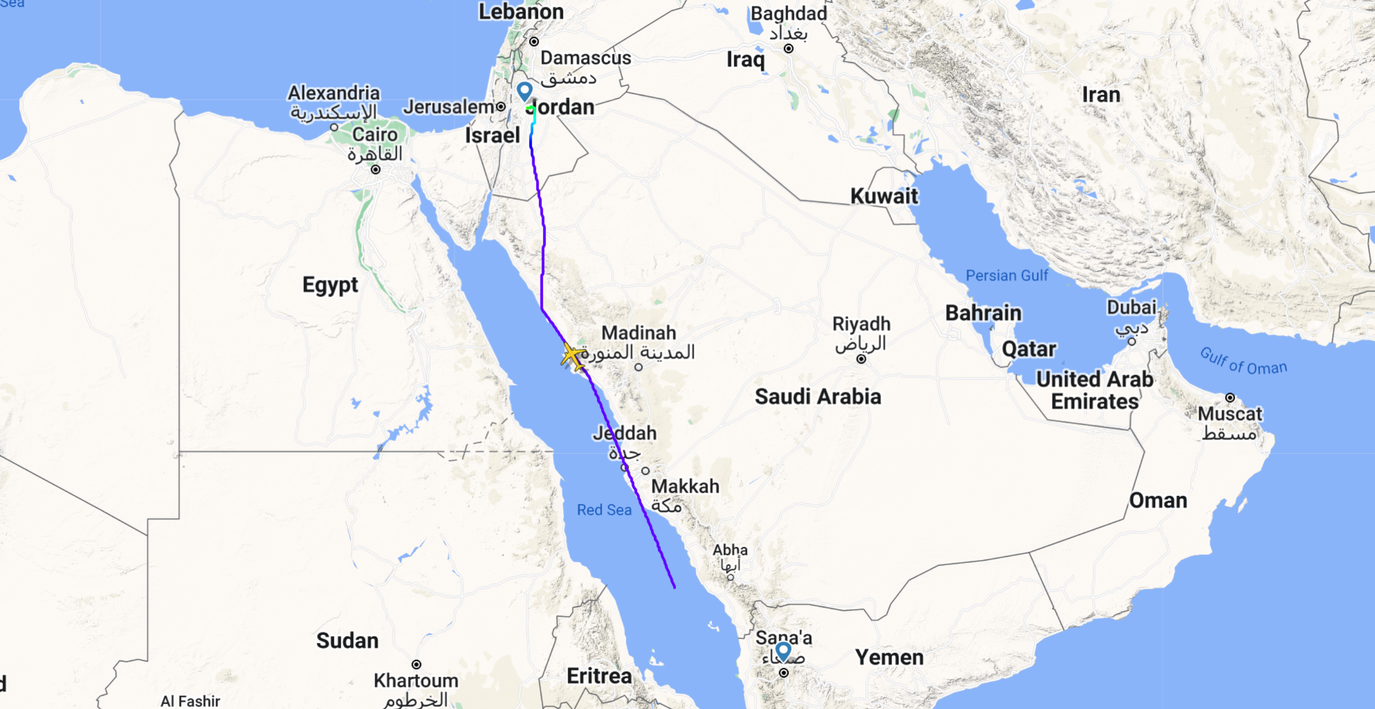 Yemenia flight to Jordan flight path