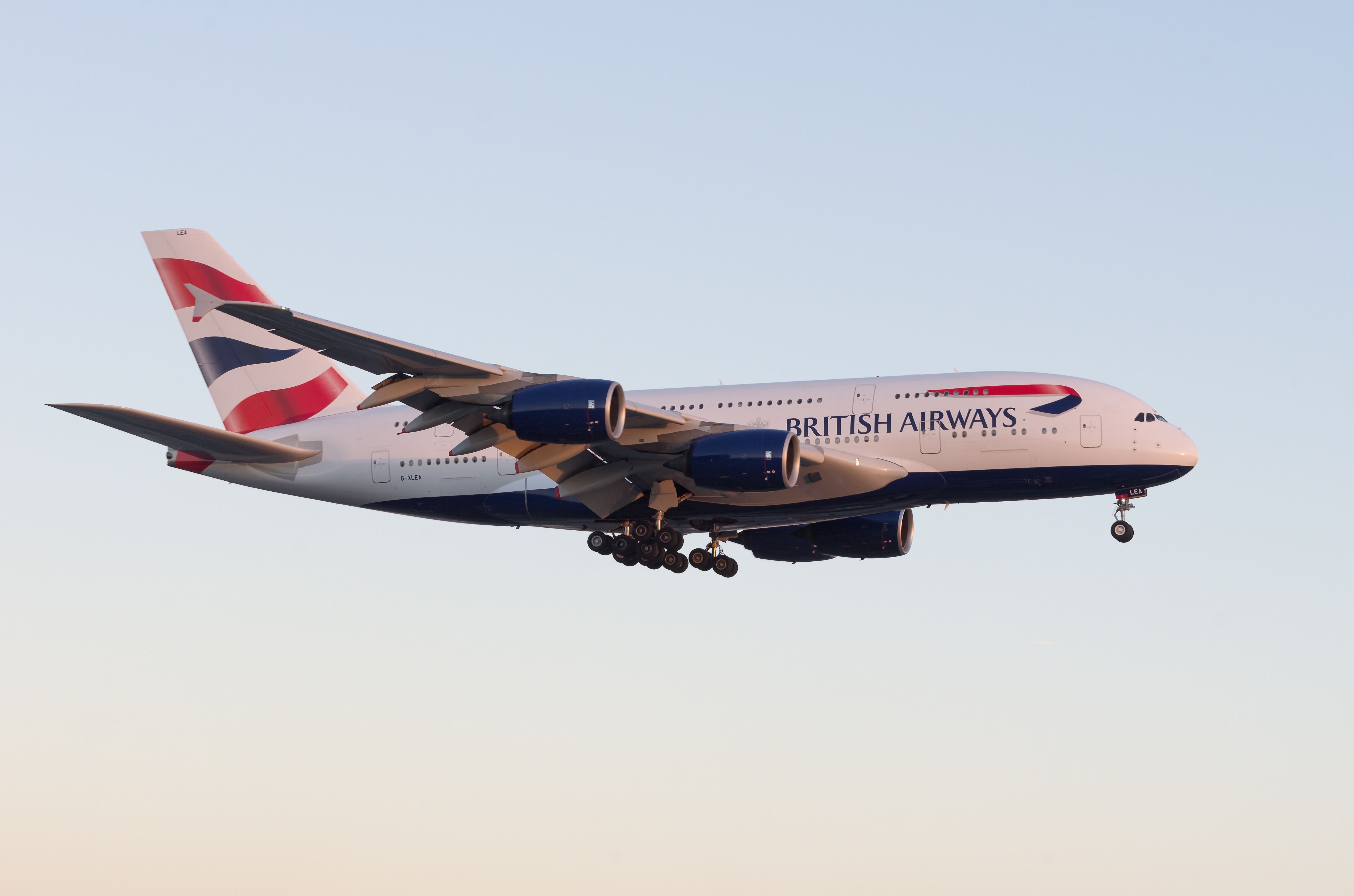 British Airways A380 shown arriving at LAX at sunset time.