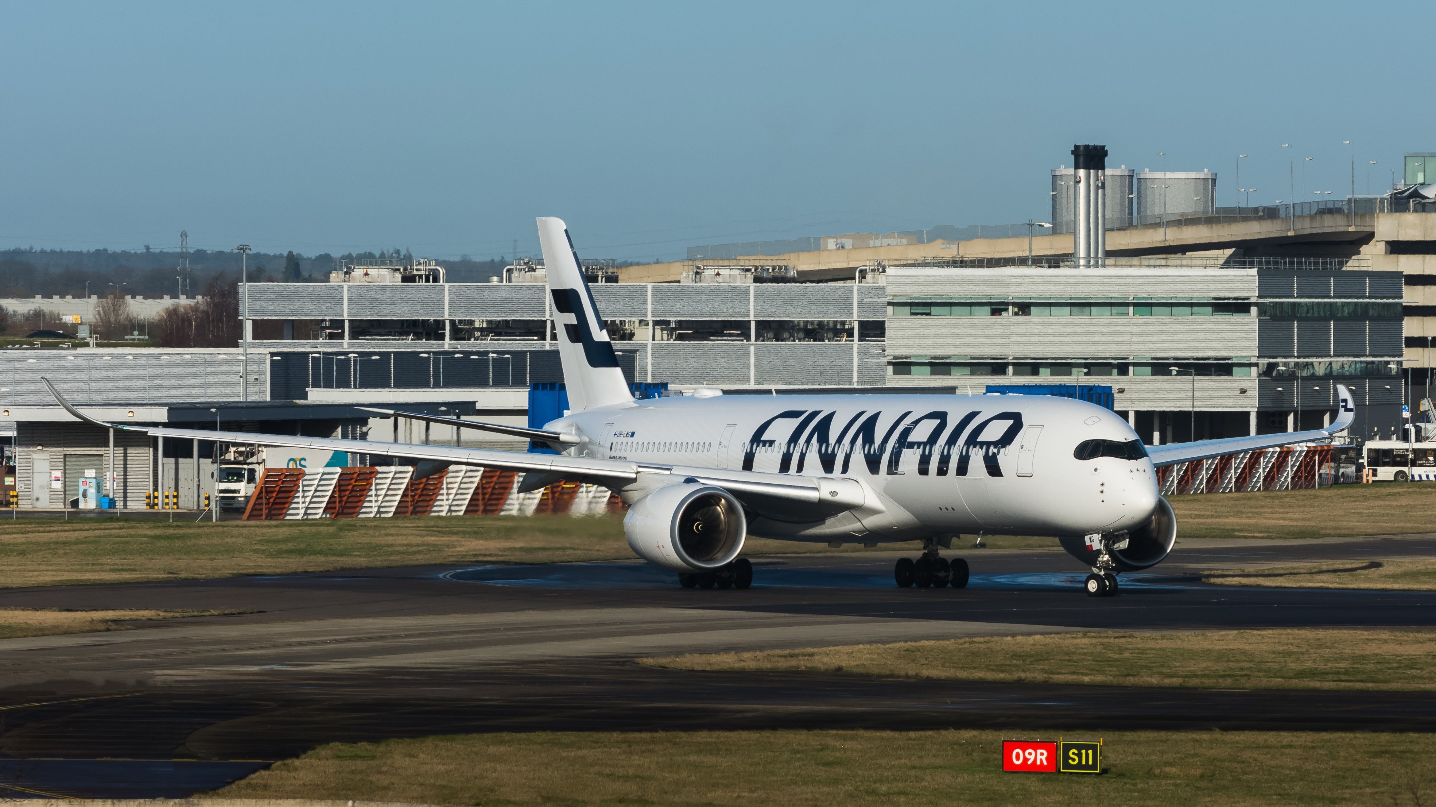 Finnair Airbus A350 taxis at London Heathrow Airport