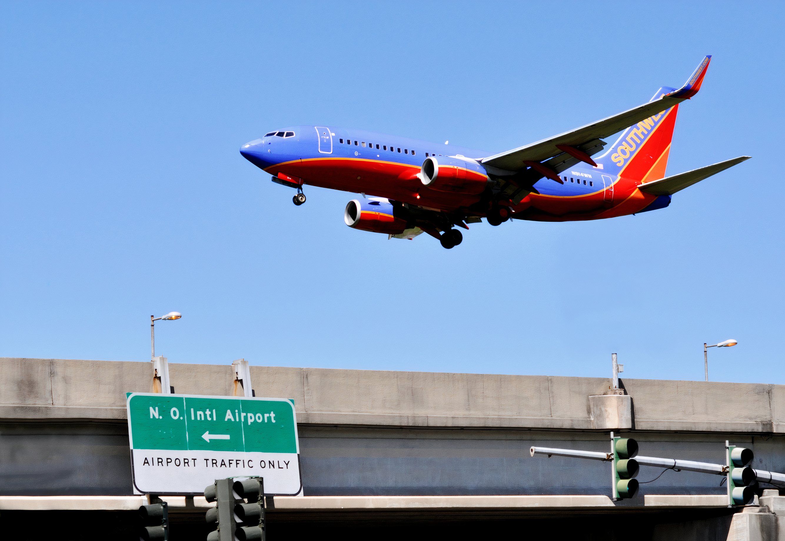 A Southwest Airlines jet on final approach to New Orleans International Airport (MSY)