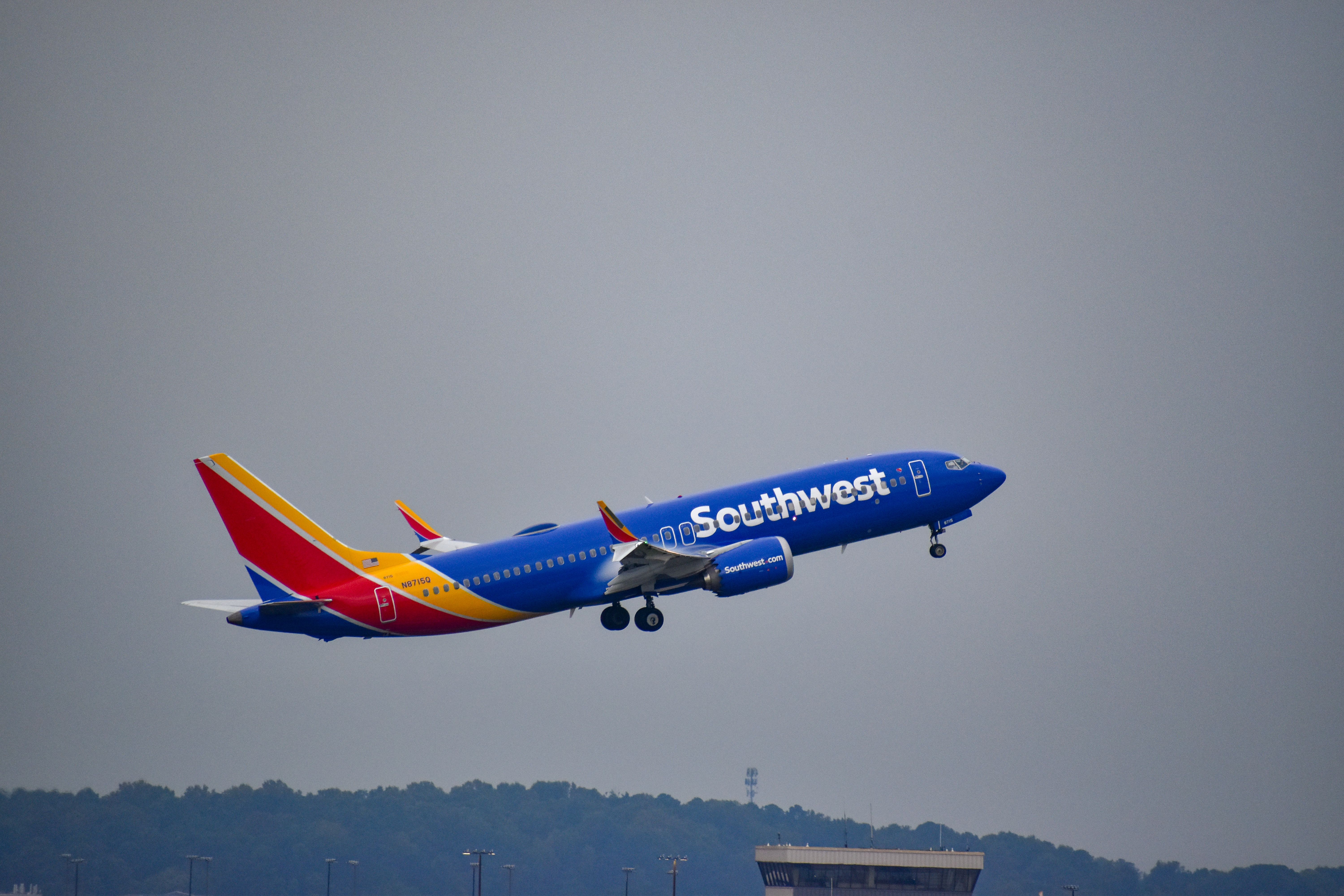 Southwest Airlines Boeing 737 MAX 8 taking off from Washington Dulles International Airport.