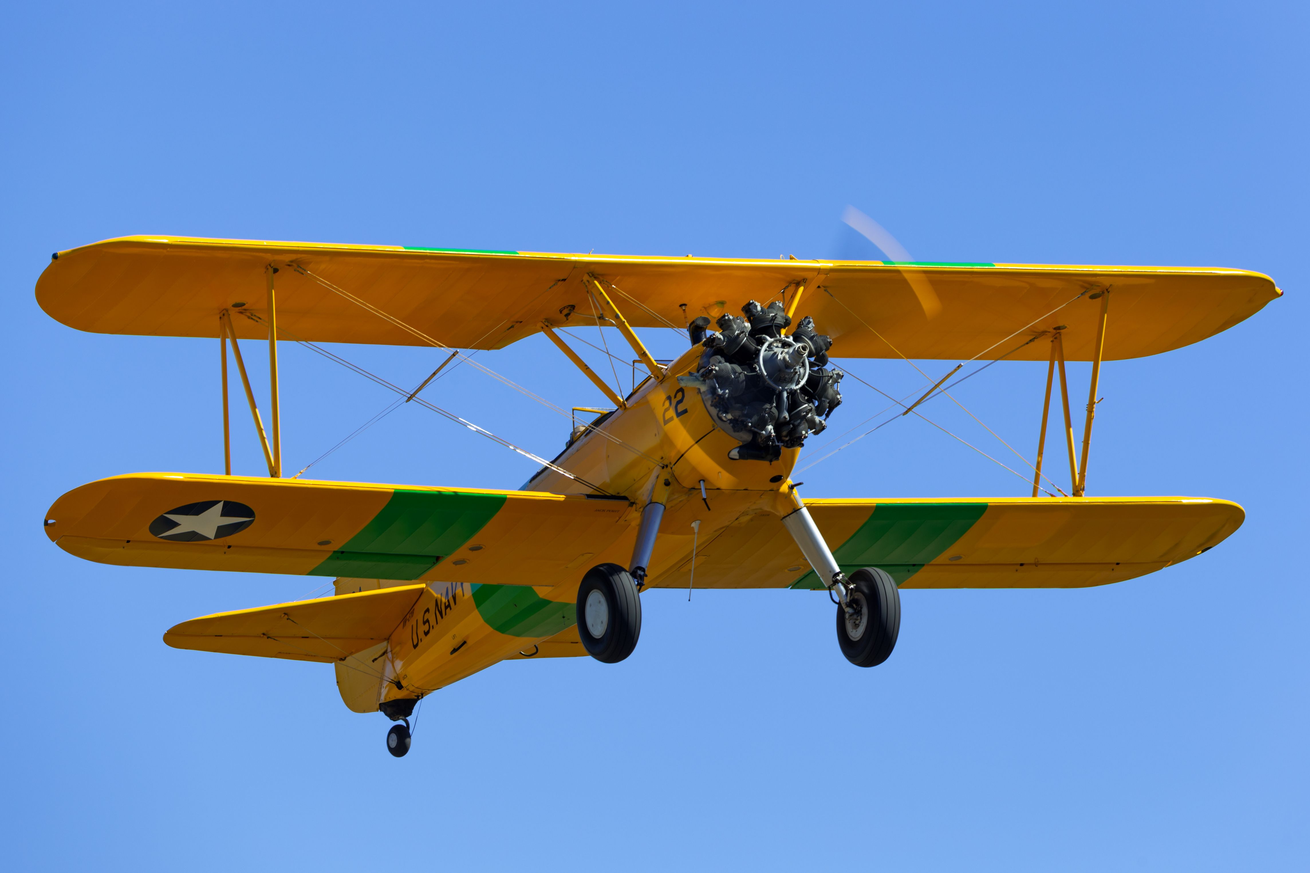 1941 Boeing Stearman (A75N1) vintage biplane aircraft used by the United States military as a primary training