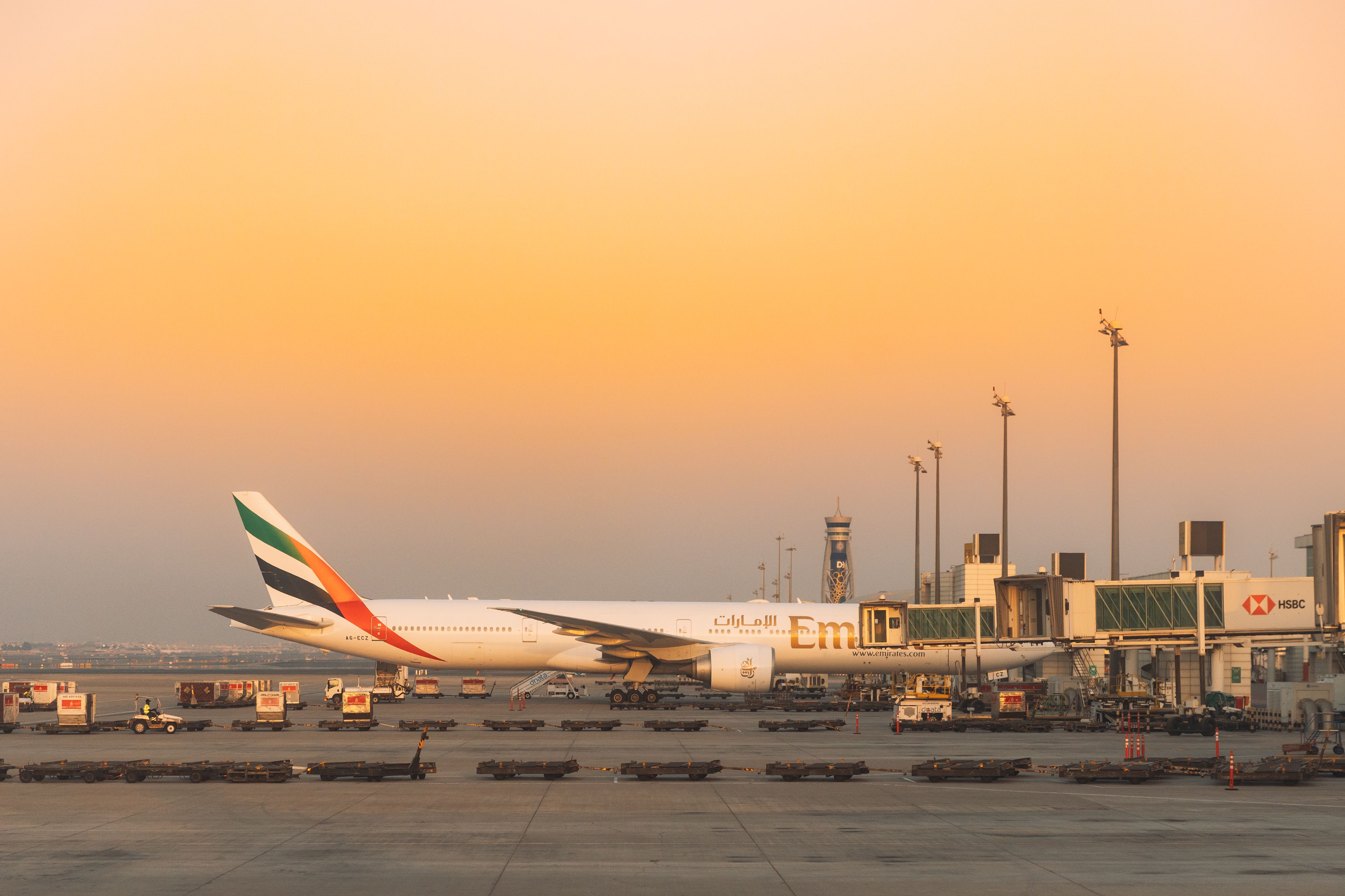 An Emirates Boeing 777 parked at an airport