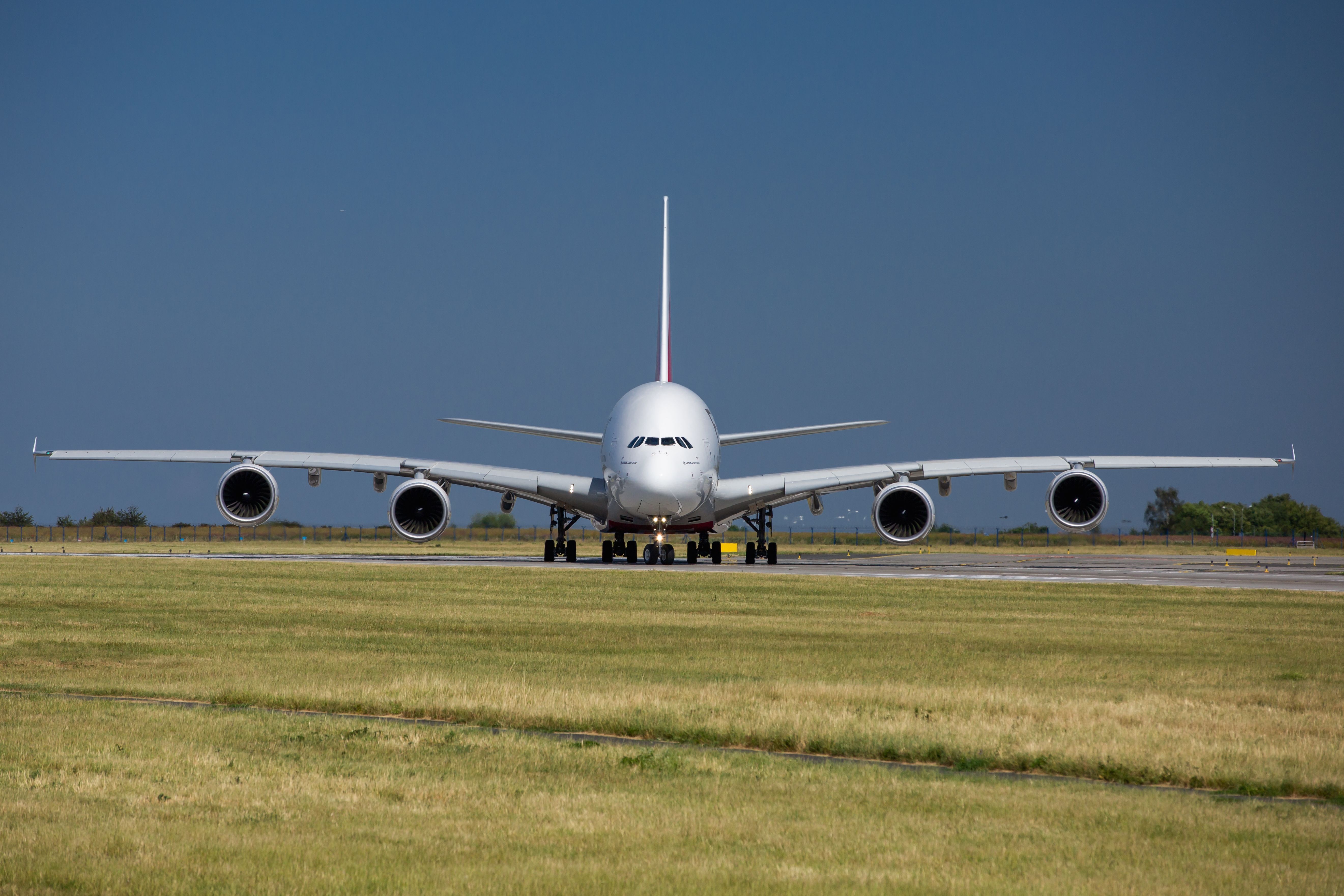 Emirates Airbus A380 landing at Vaclav Havel Airport Prague (PRG), June 24, 2017 in Prague, Czech Republic.