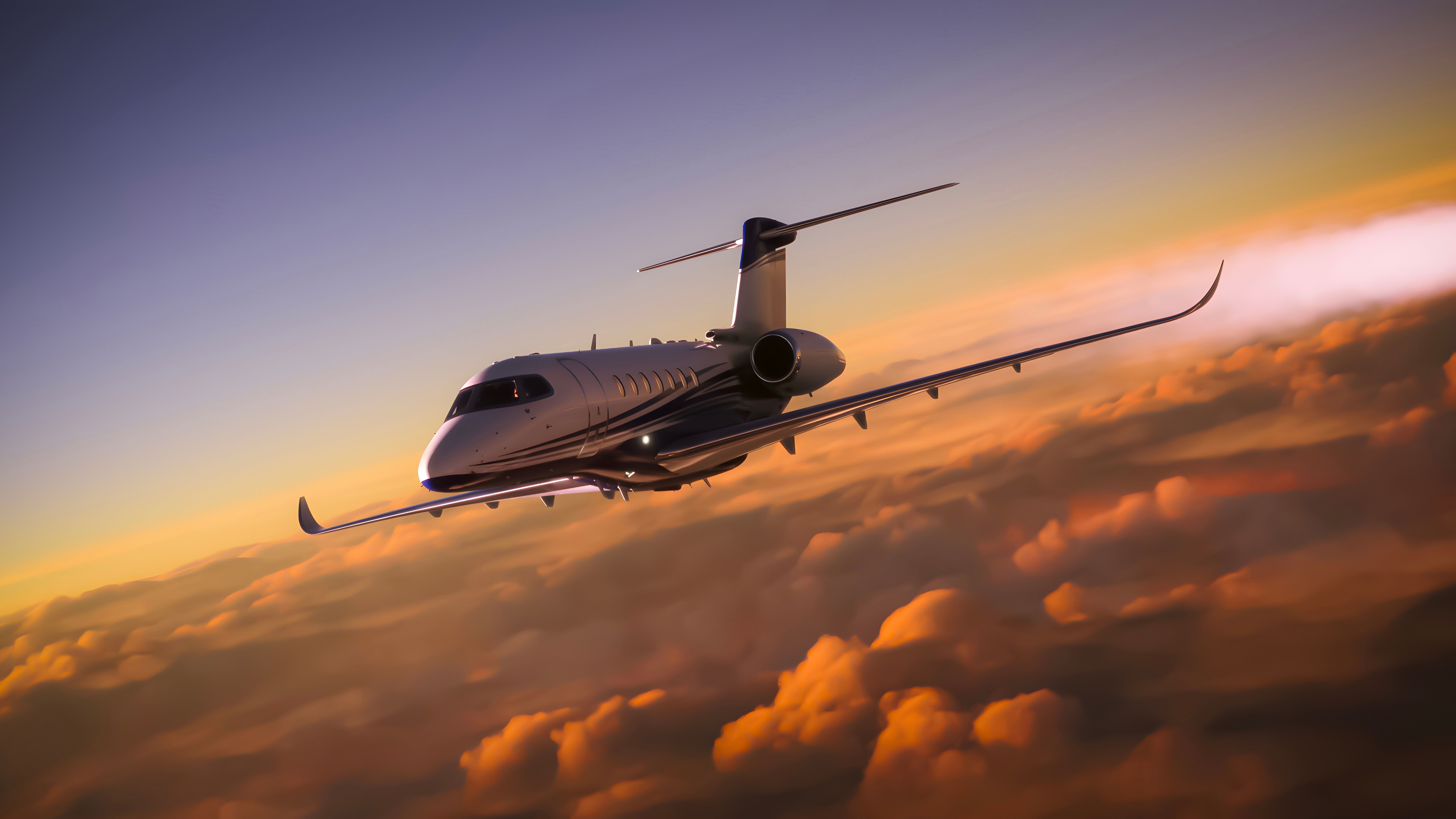 private jet flying during sunset