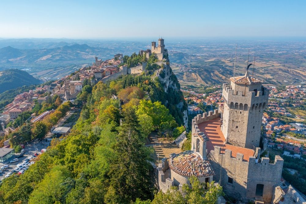 Aerial view of San Marino dominated by Torre Guaita and Torre Cesta