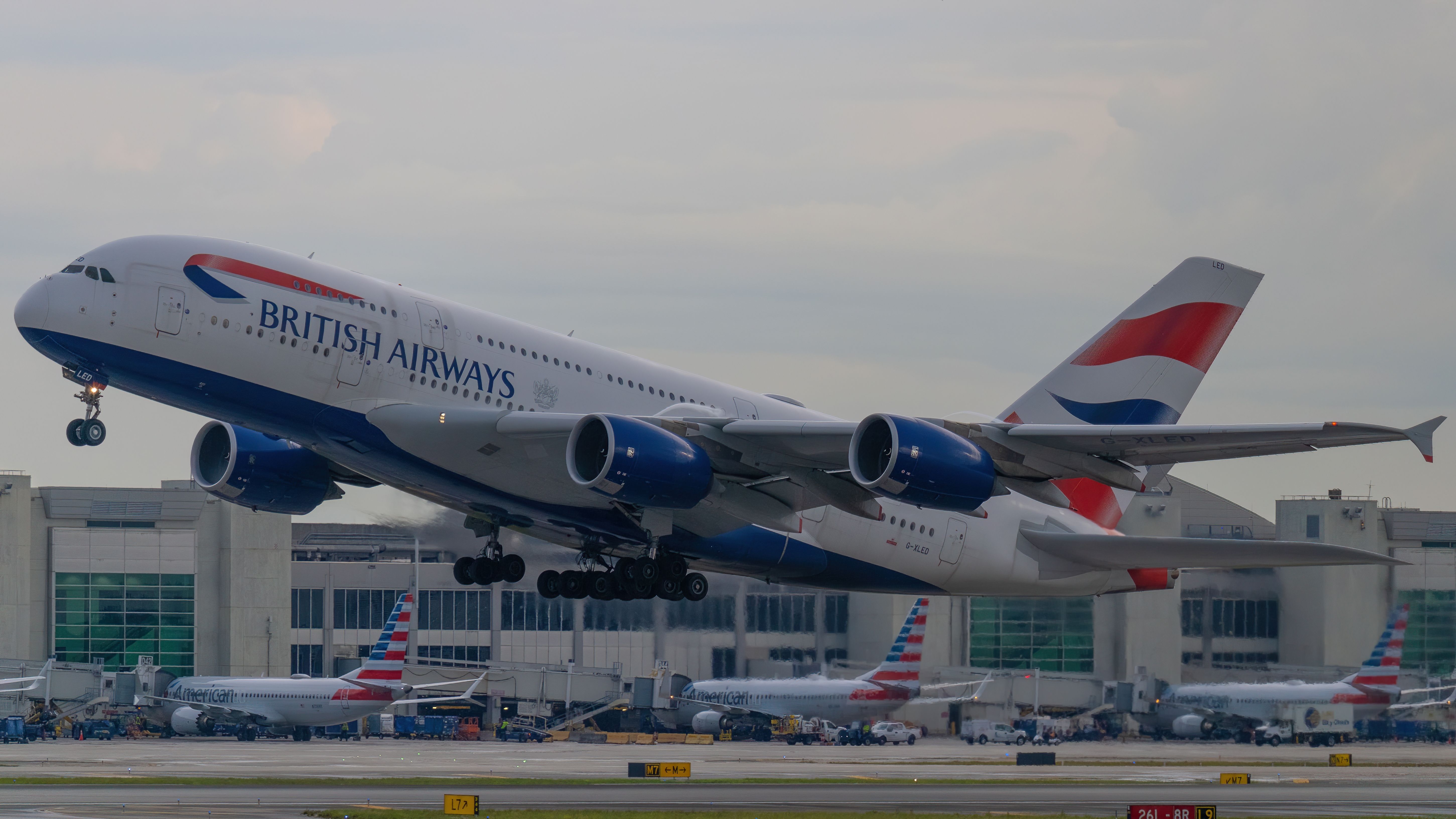 British Airways Airbus A380 departing from Miami International Airport.