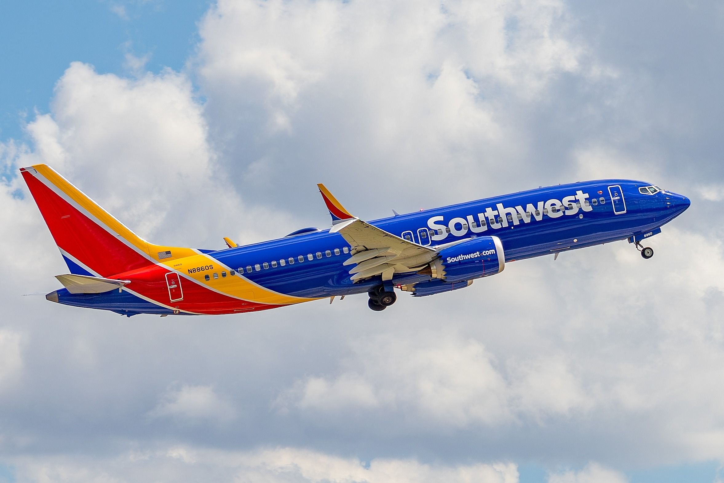 Southwest Airlines Boeing 737 MAX 8 taking off from Austin-Bergstrom International Airport.