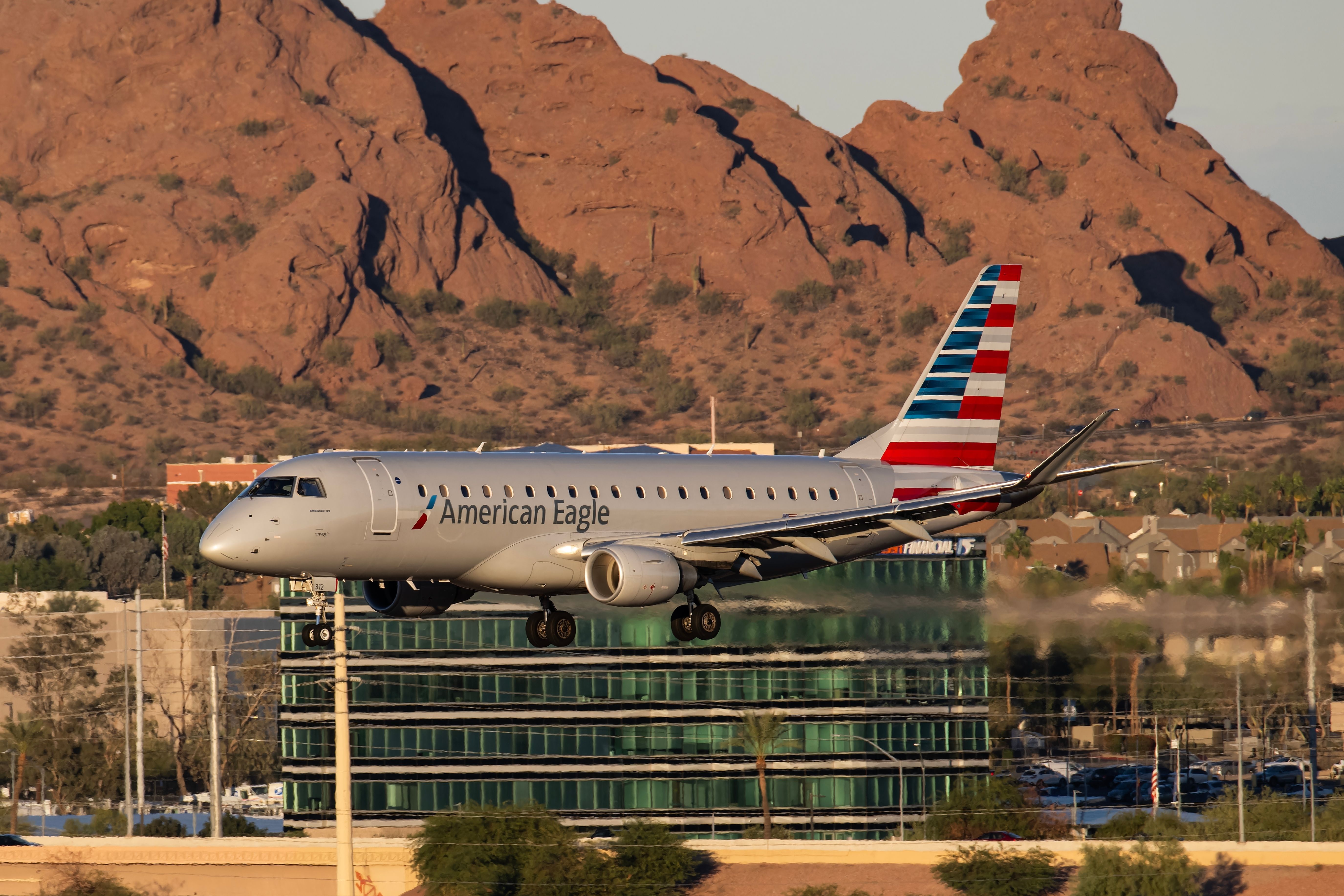 American Eagle Embraer E175 landing at Phoenix Sky Harbor International Airport.