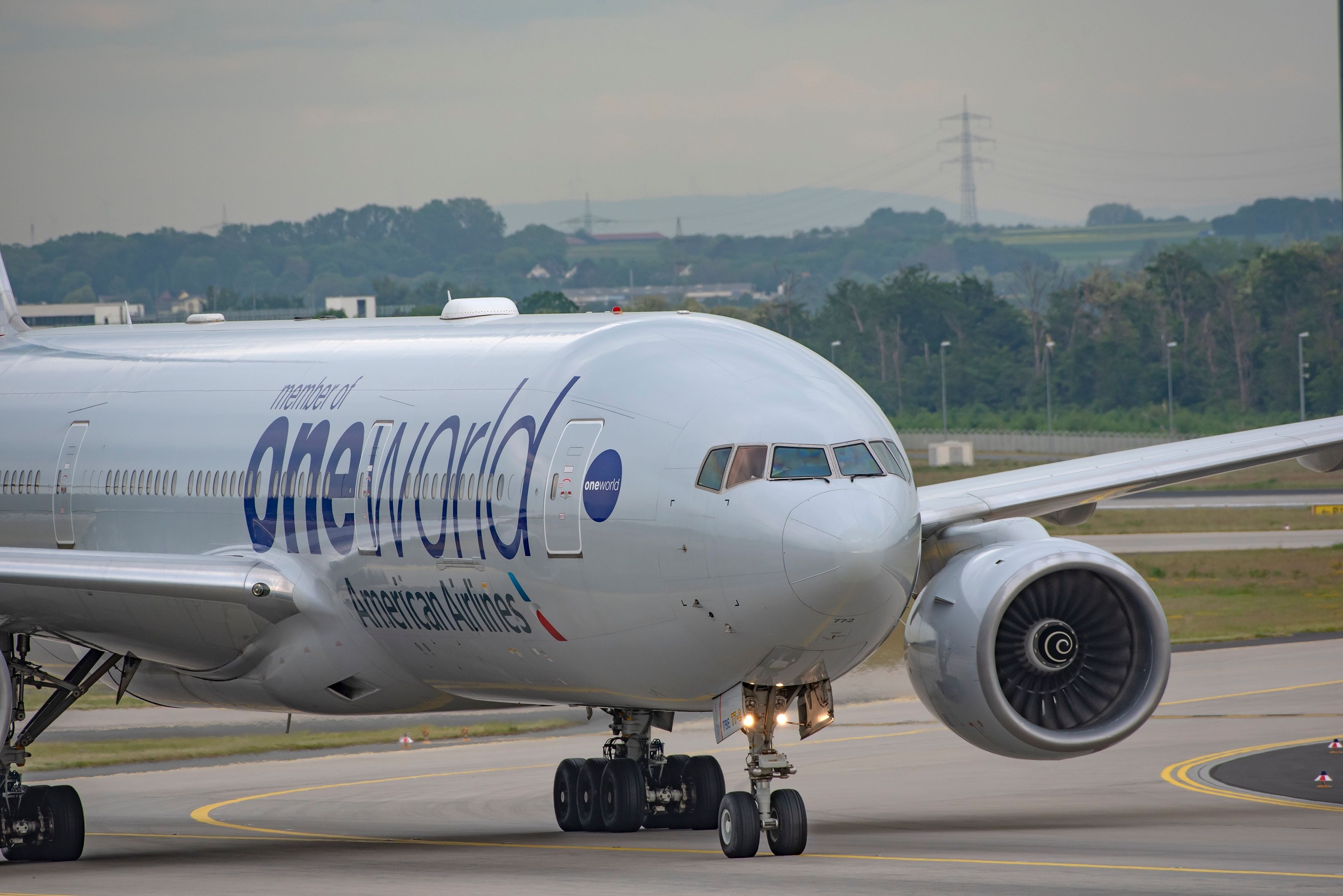 American Airlines (Oneworld Livery) Boeing 777 on May 15,2022 in Frankfurt,Germany.