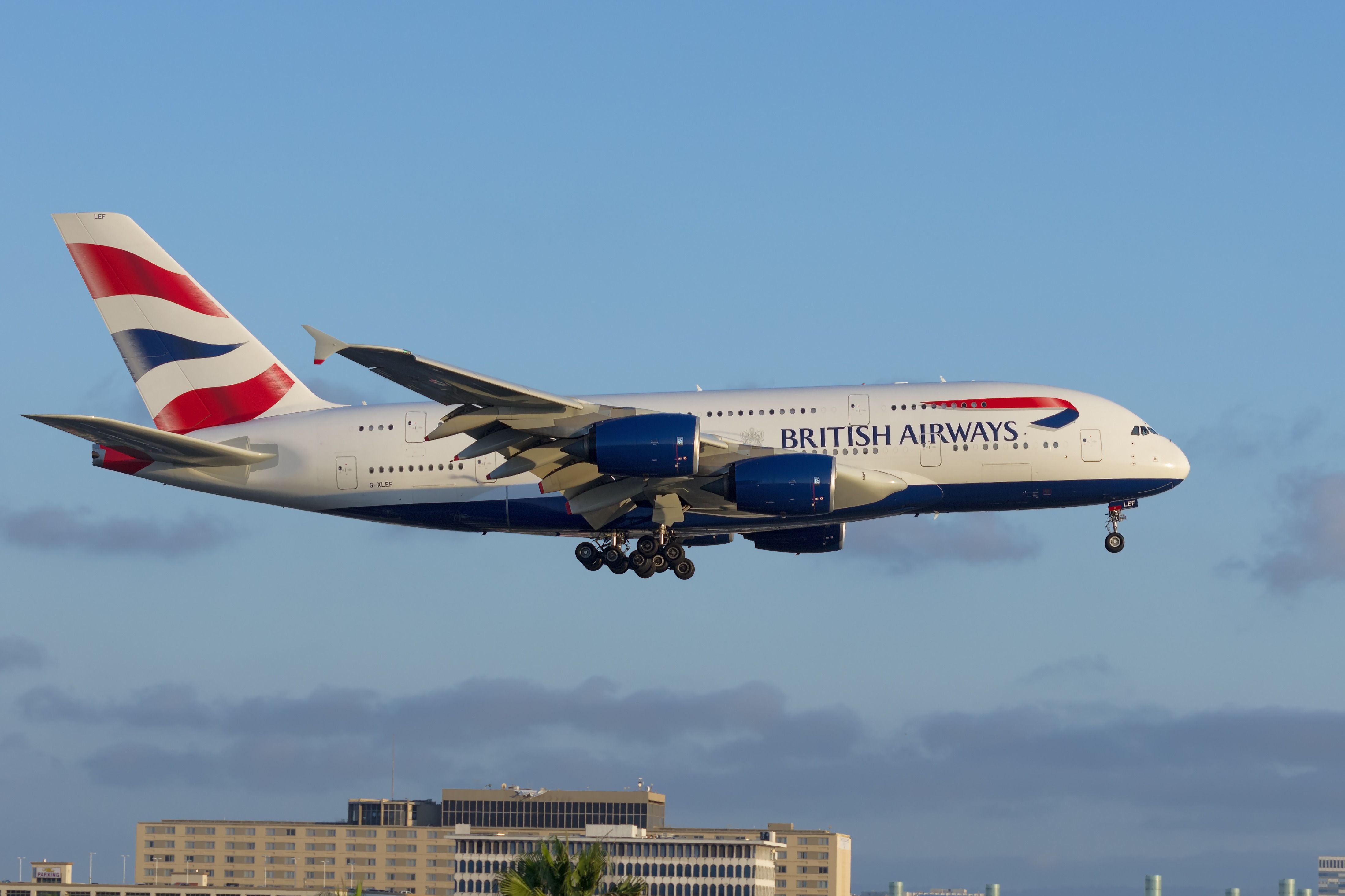 British Airways Airbus A380 landing at Los Angeles International Airport.