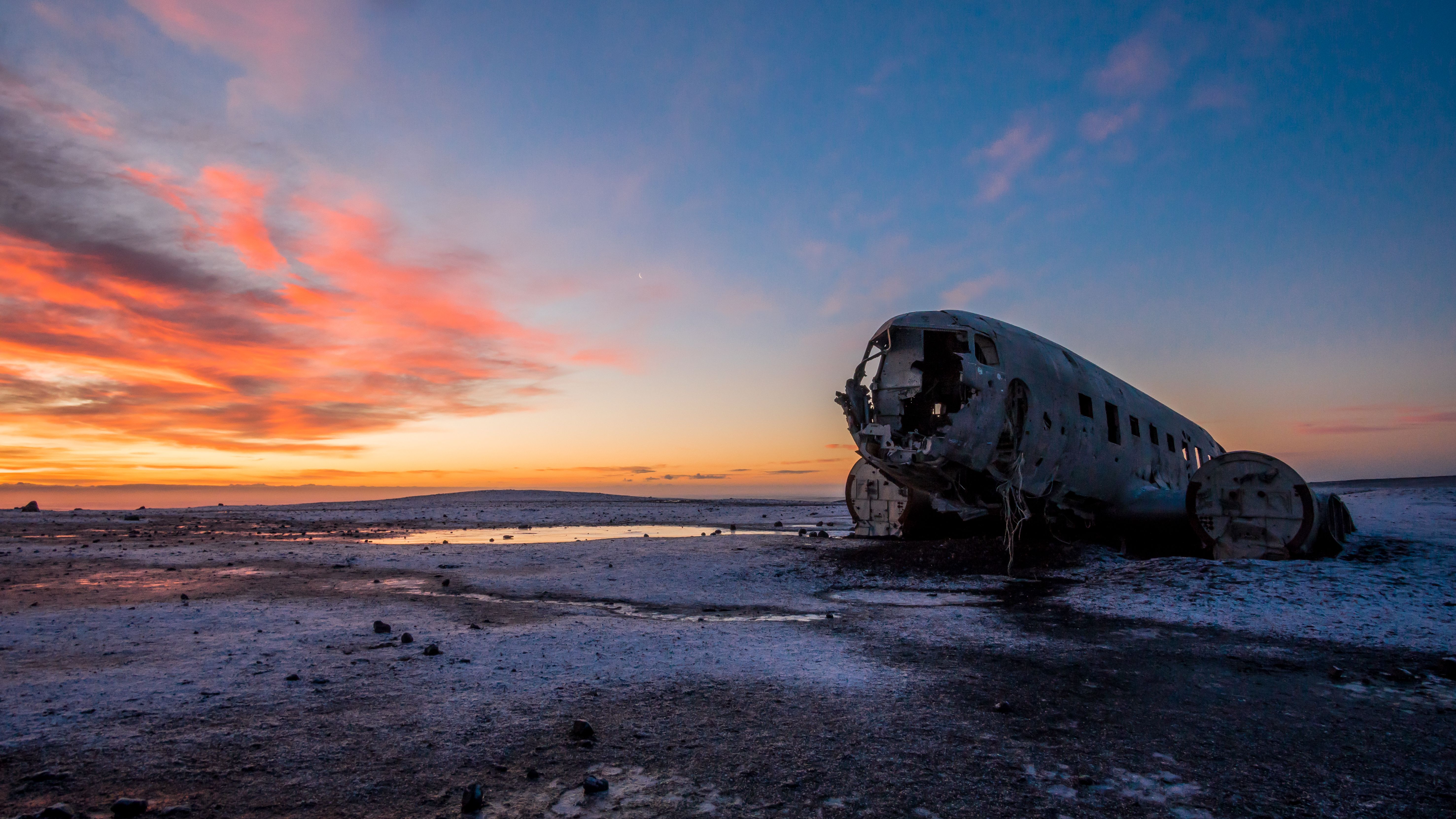 Majestic view during sunrise of Douglas C-117 plane wreck at crash site near to Sólheimasandur beach in southern Iceland.