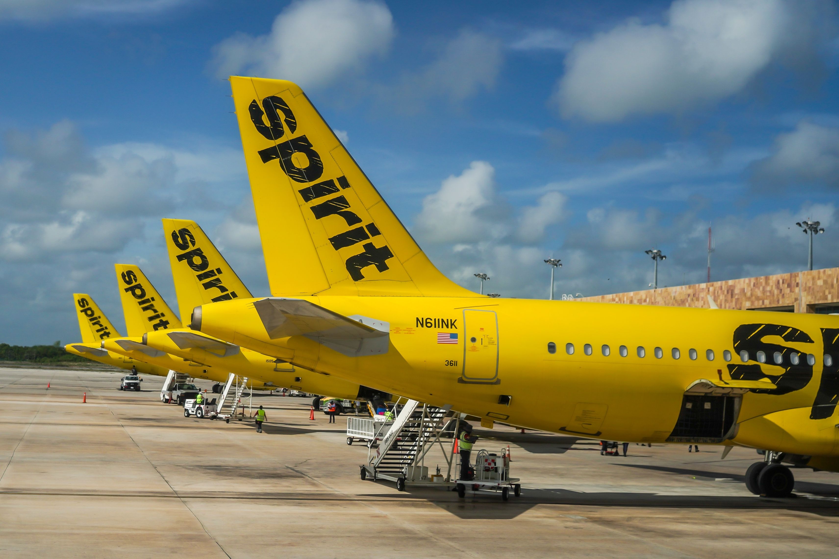 Spirit Airlines aircraft in Cancun, Mexico shutterstock_2270944877