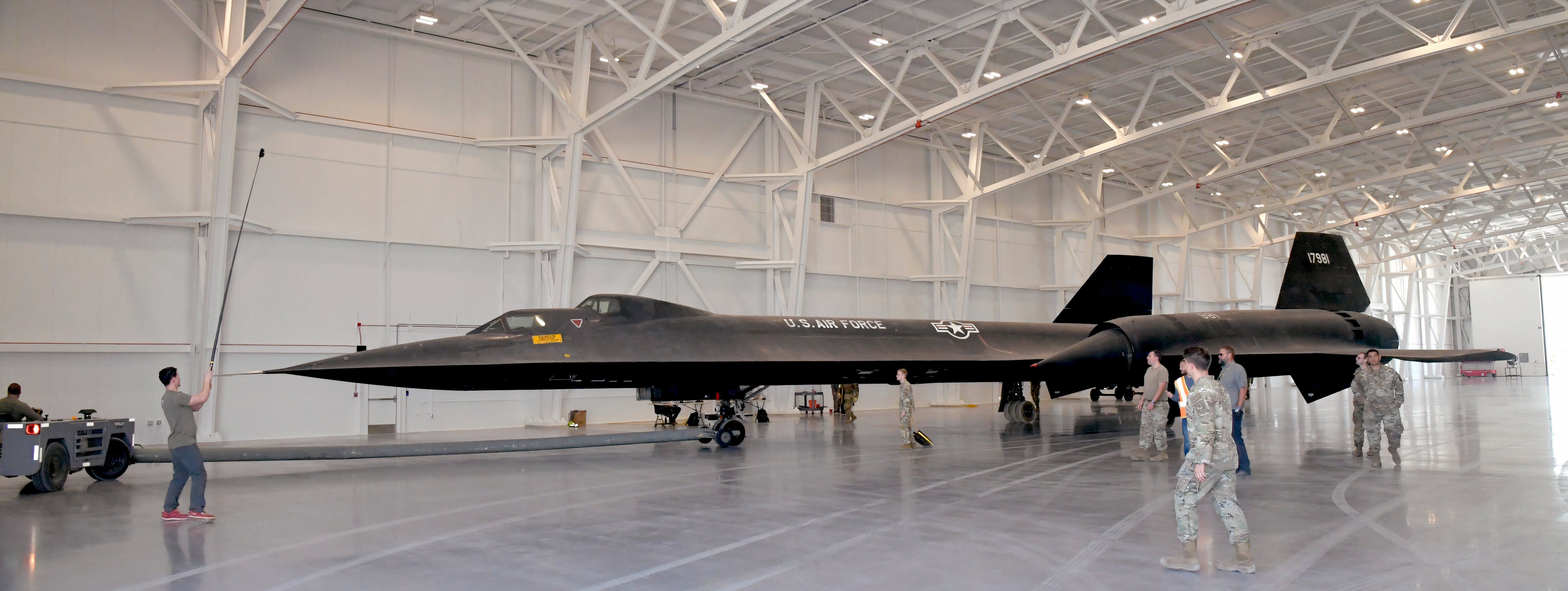 Crews relocate an SR-71 Blackbird static display inside the Hill Aerospace Museum’s new L.S. Skaggs Gallery at Hill Air Force Base, Utah,