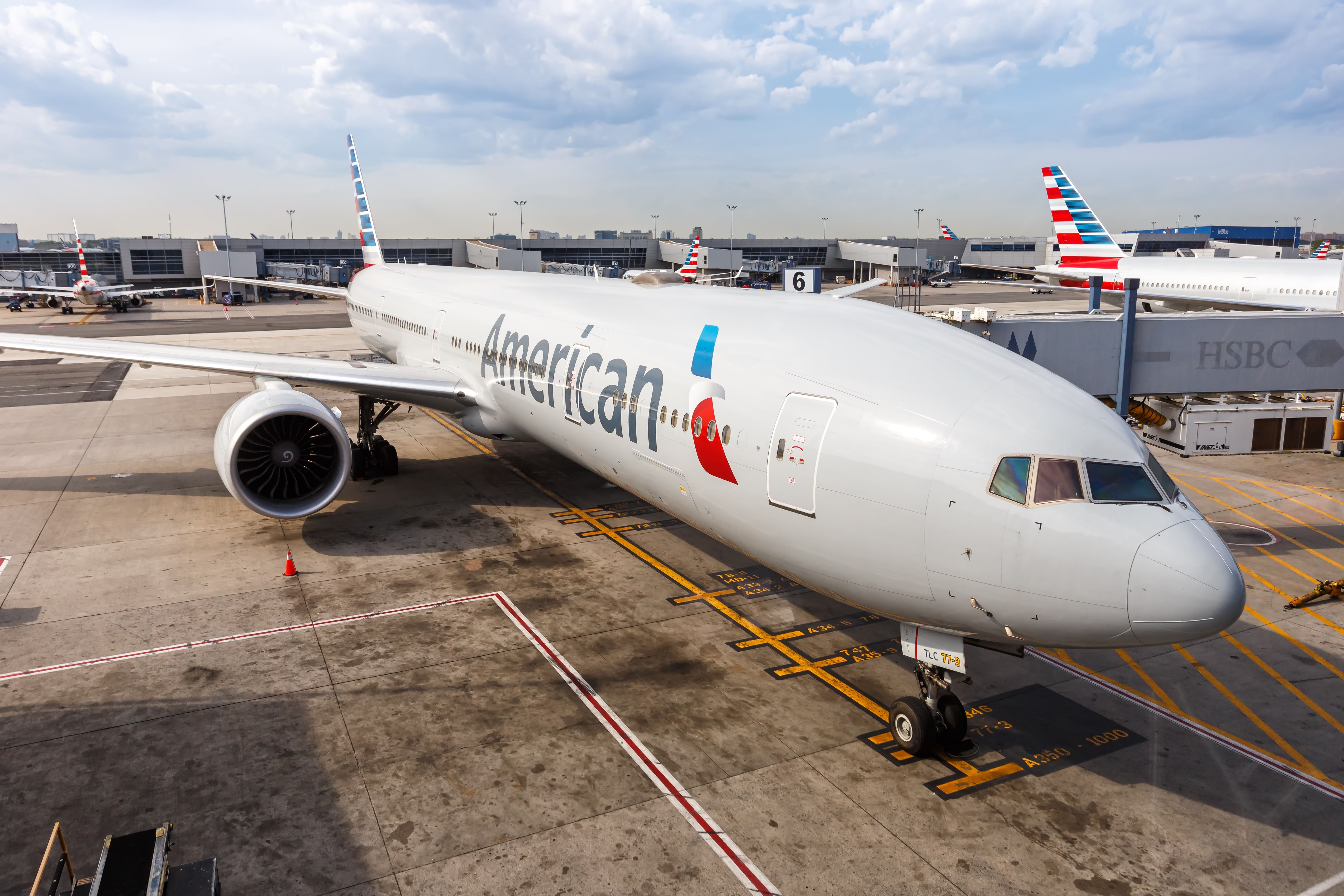 American Airlines Boeing 777-300ER parked at the gate at JFK 