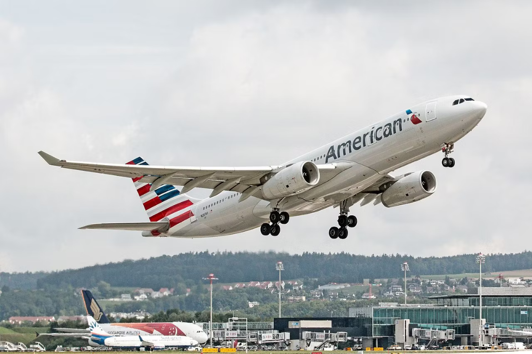 An American Airlines Airbus A330 taking off. 