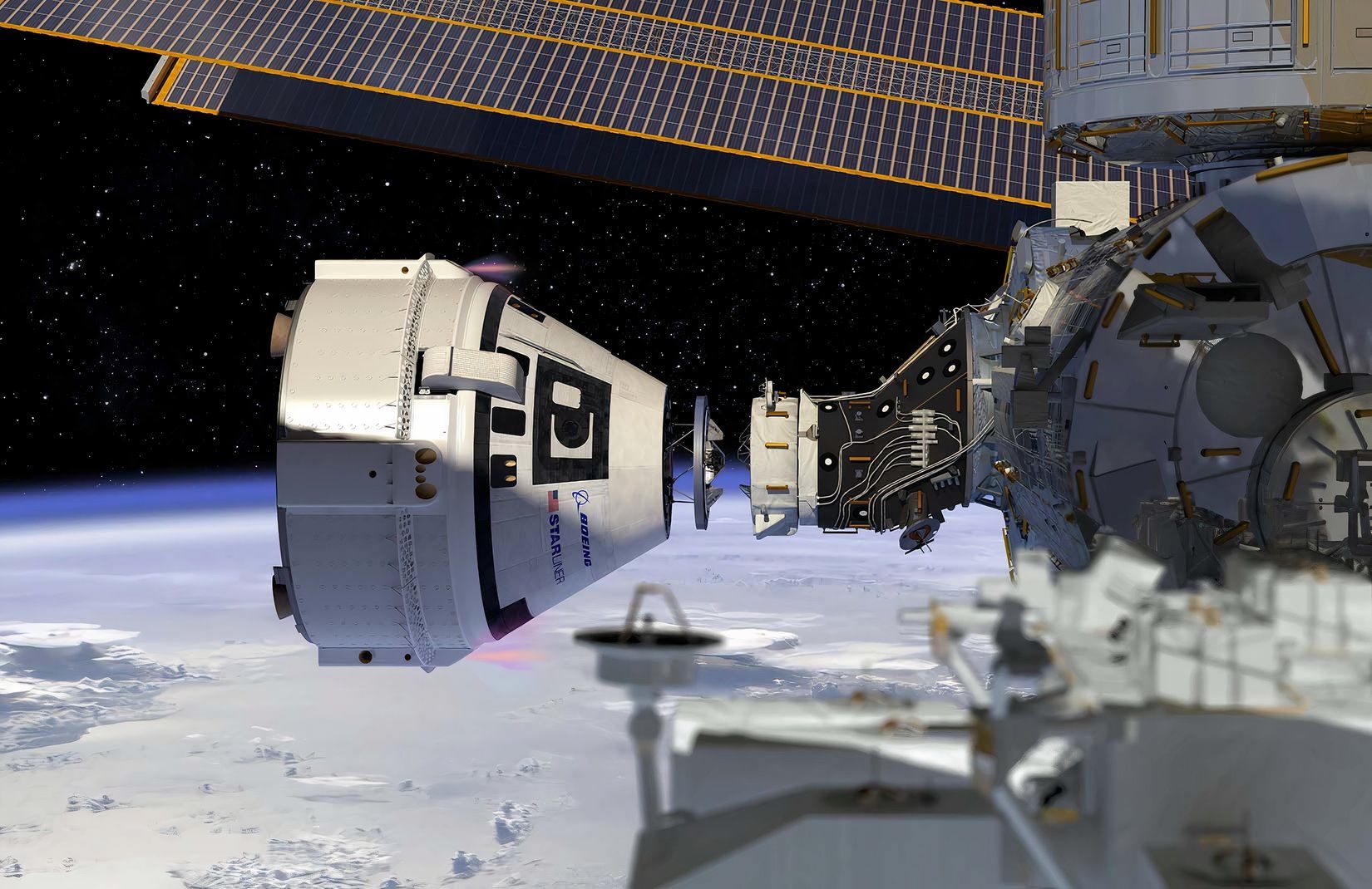 Boeing Starliner module docking at the International Space Station