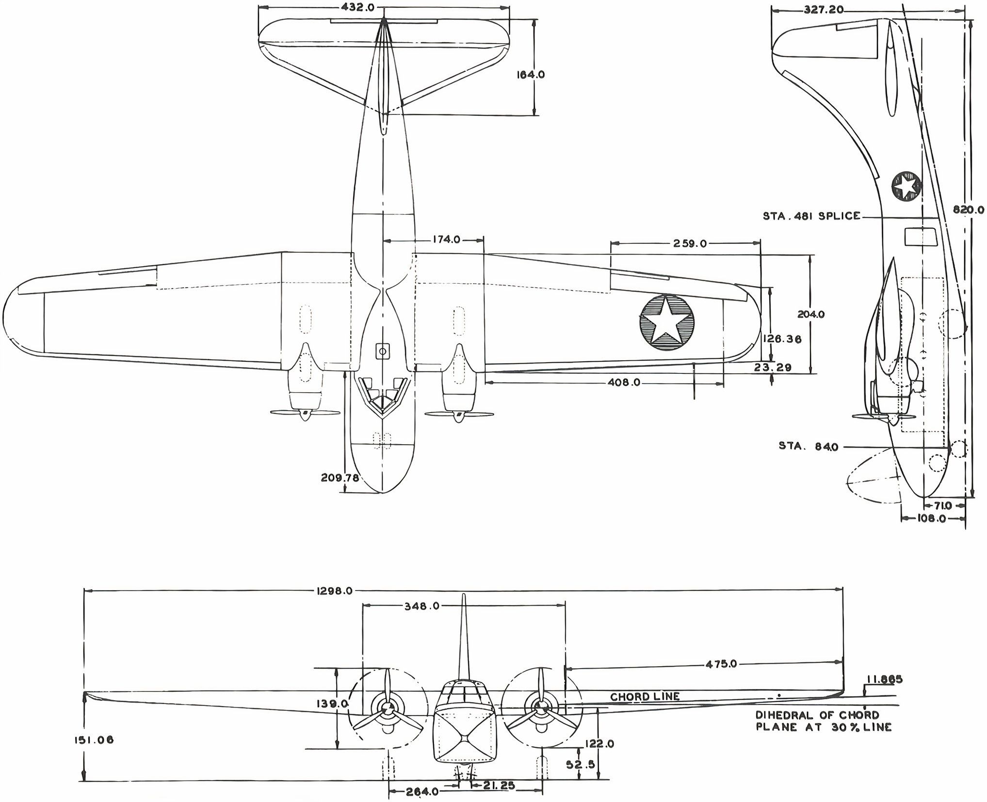 Curtiss-Wright_C-76_Caravan_3-view_line_drawing