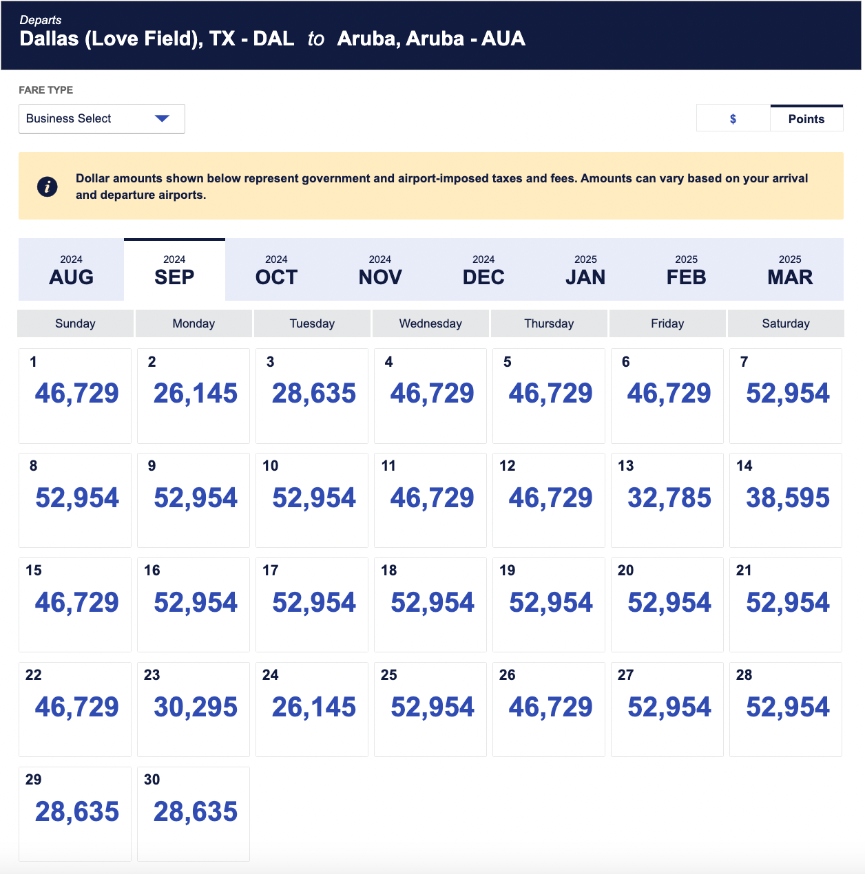 DAL-AUA Business Select tariffs (points) in September 2024