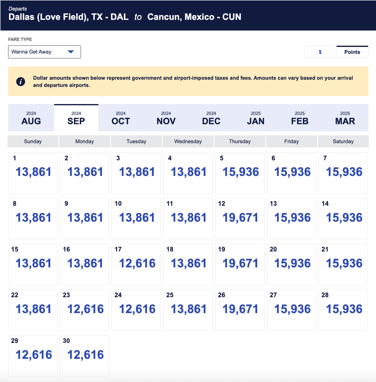 DAL-CUN Wanna Get Away Fares (Points) in September 2024