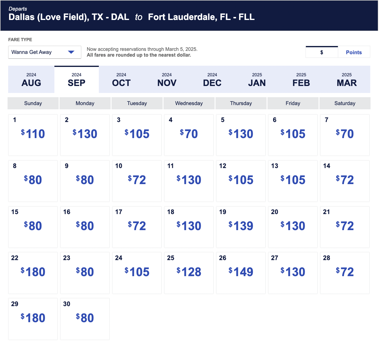 DAL-FLL Wanna Get Away fares (cash price) in September 2024