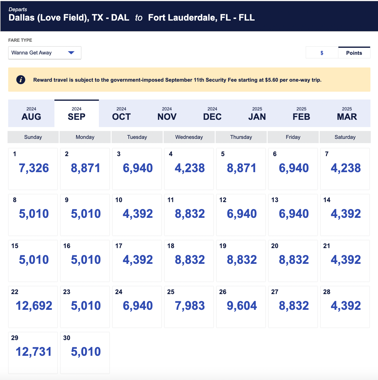 DAL-FLL Wanna Get Away fares (points) in September 2024