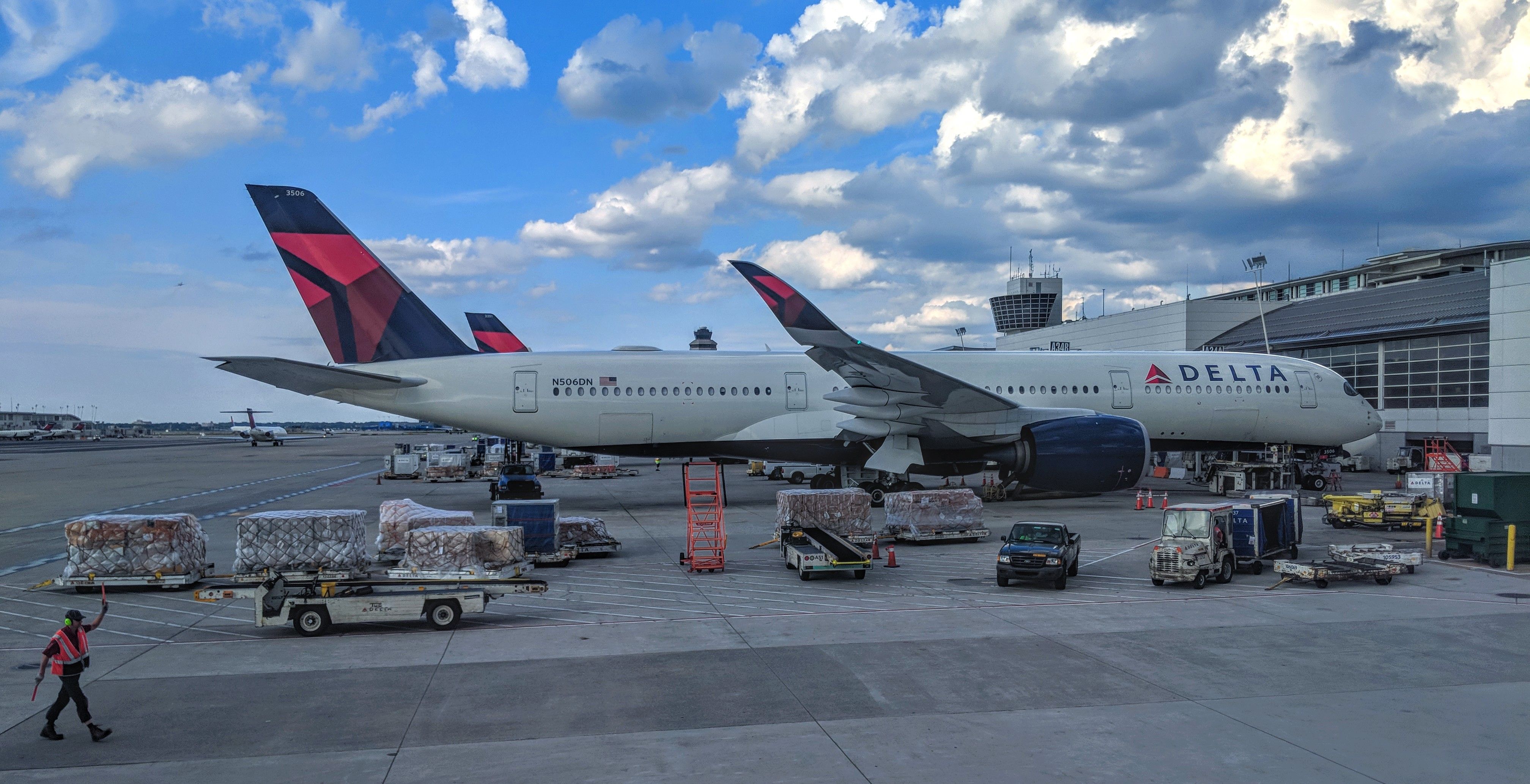 Delta Air Lines Airbus A350-900 at the gate at DTW shutterstock_1201457014