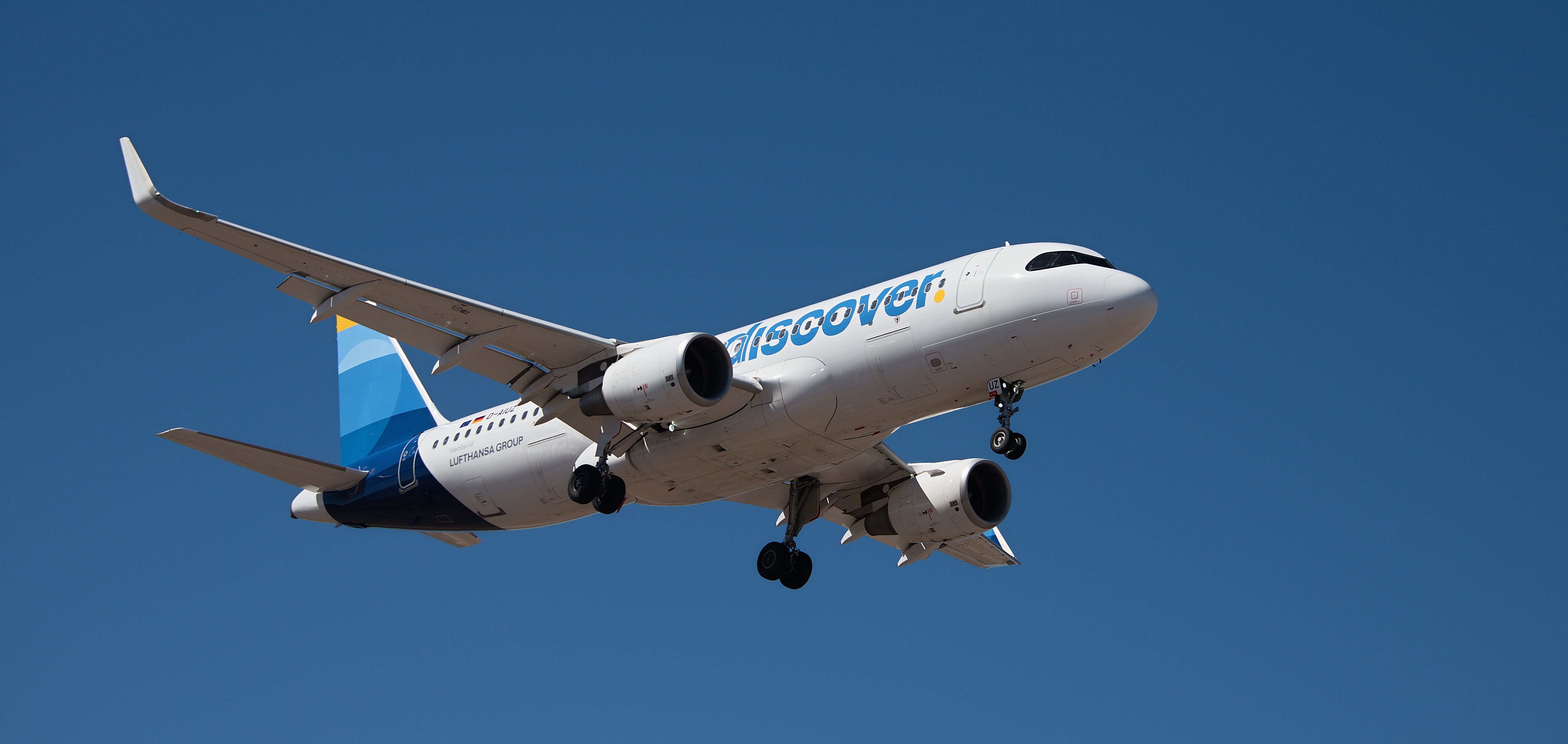 Discover Airlines Airbus A320 landing in Tenerife, Spain shutterstock_2430676635