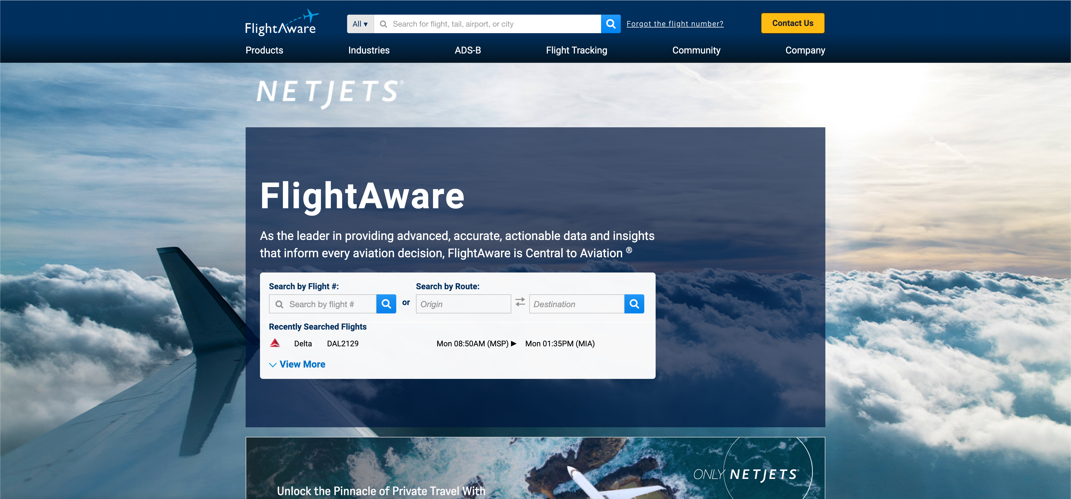 FlightAware home page.