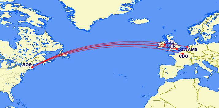 JetBlue's route network from BOS to Europe with Mint