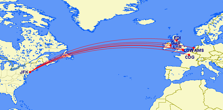 JetBlue's route network from JFK to Europe with Mint