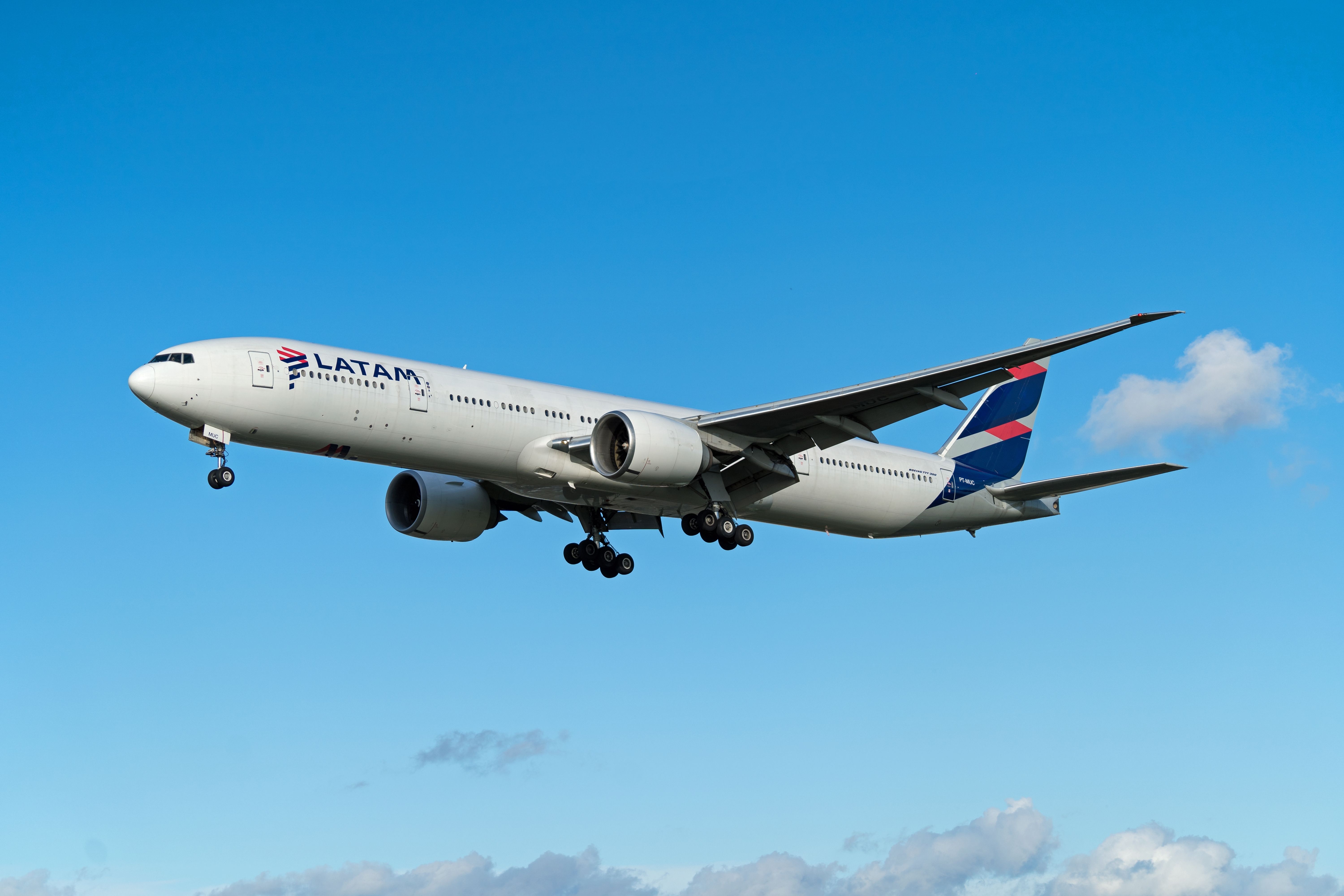 LATAM Airlines Boeing 777-300ER landing at LHR shutterstock_2379459253