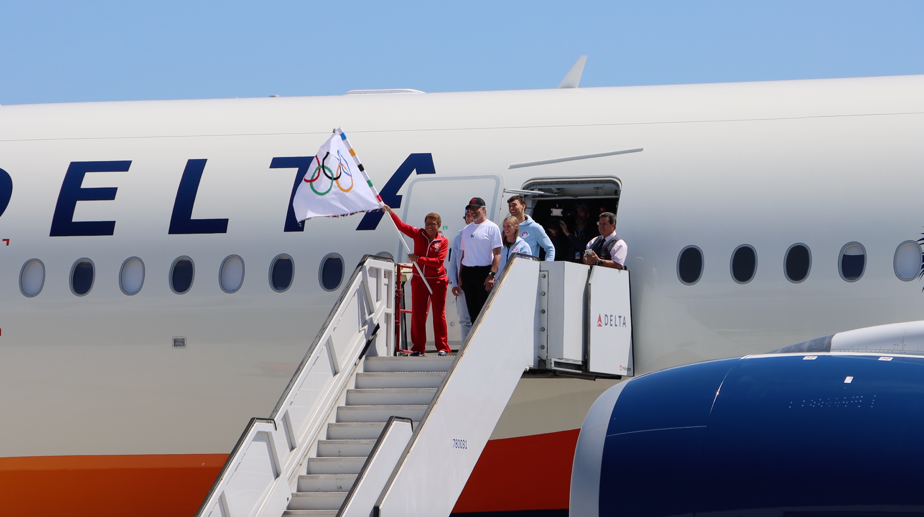 Los Angeles Mayor Karen Bass Delta Olympic Flag Flight.