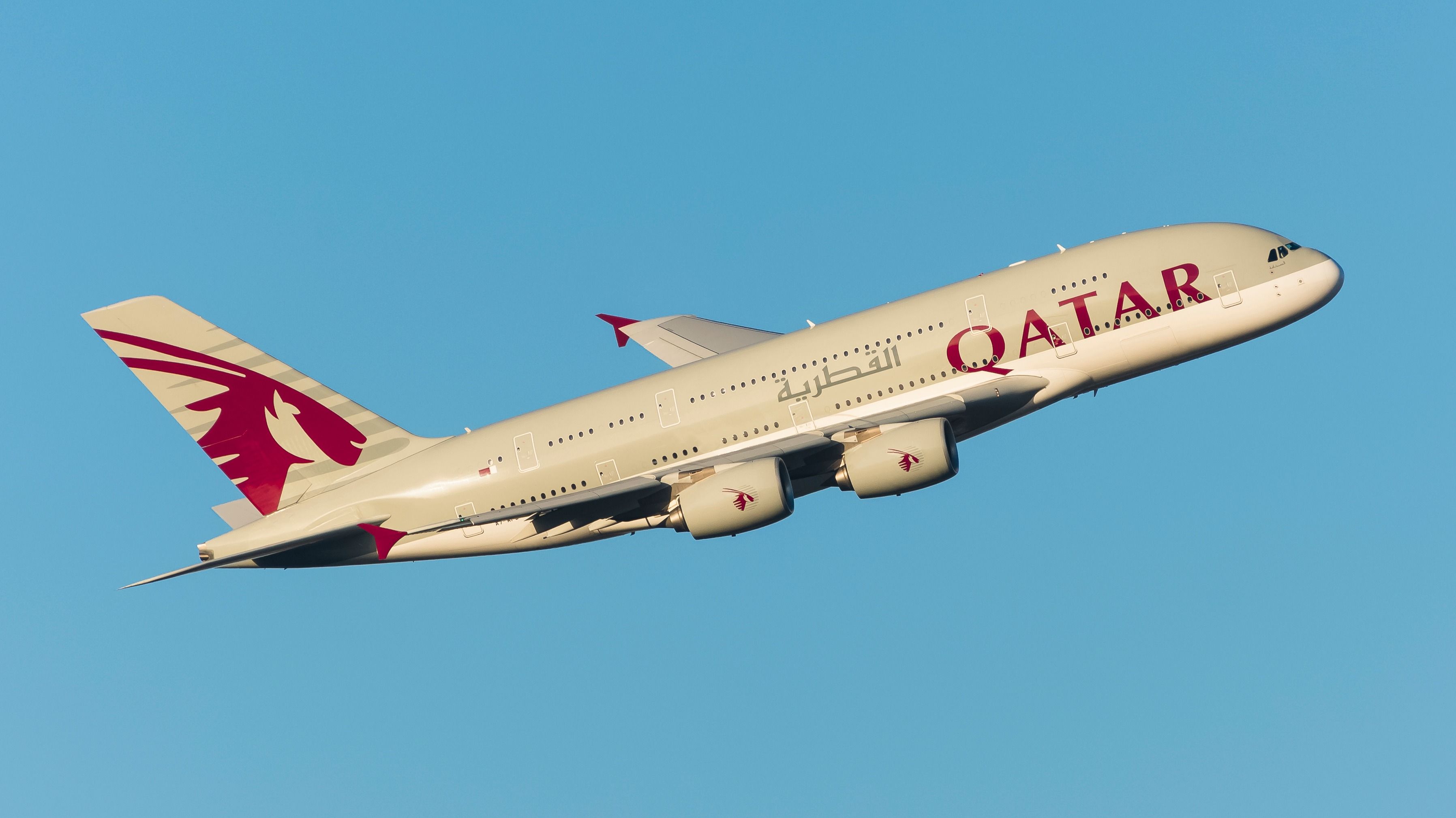 Qatar Airways Airbus A380 departing LHR shutterstock_1074933332