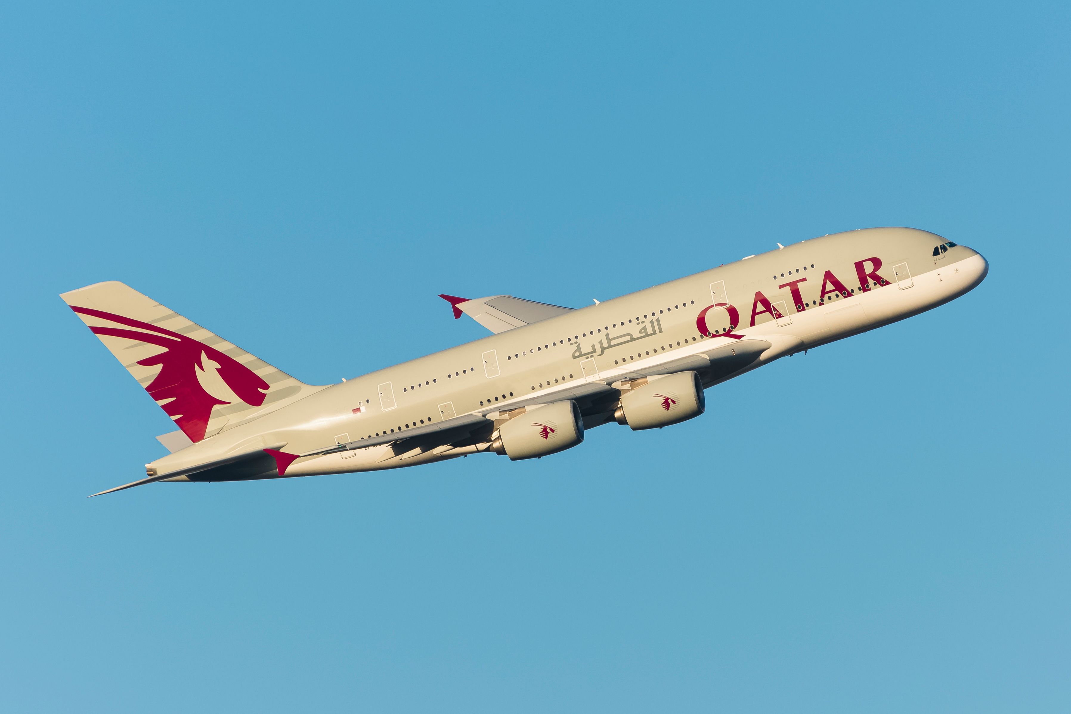 Qatar Airways Airbus A380 departing London Heathrow Airport LHR shutterstock_1074933332