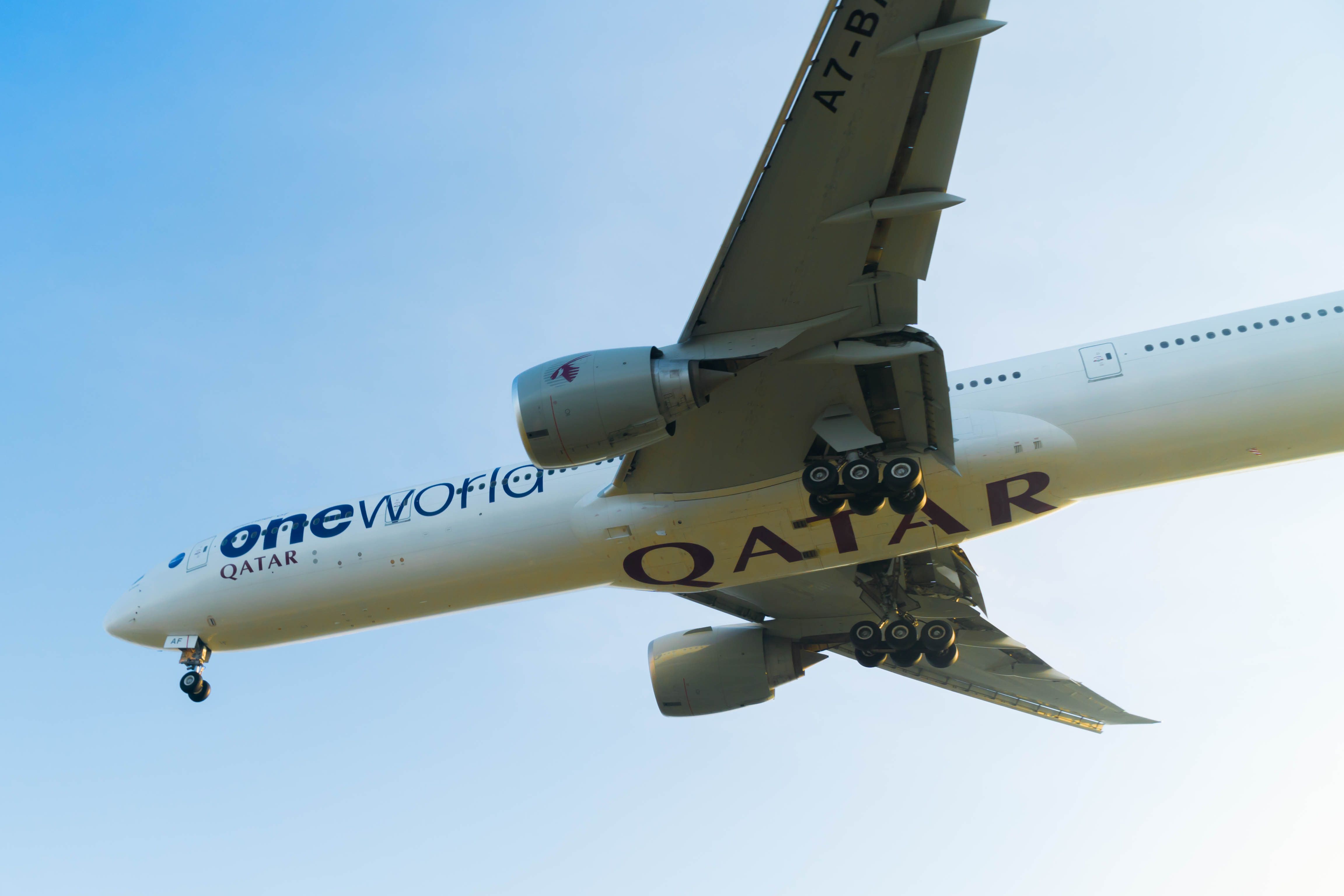 Qatar Airways Boeing 777-300ER landing at LHR shutterstock_546290563