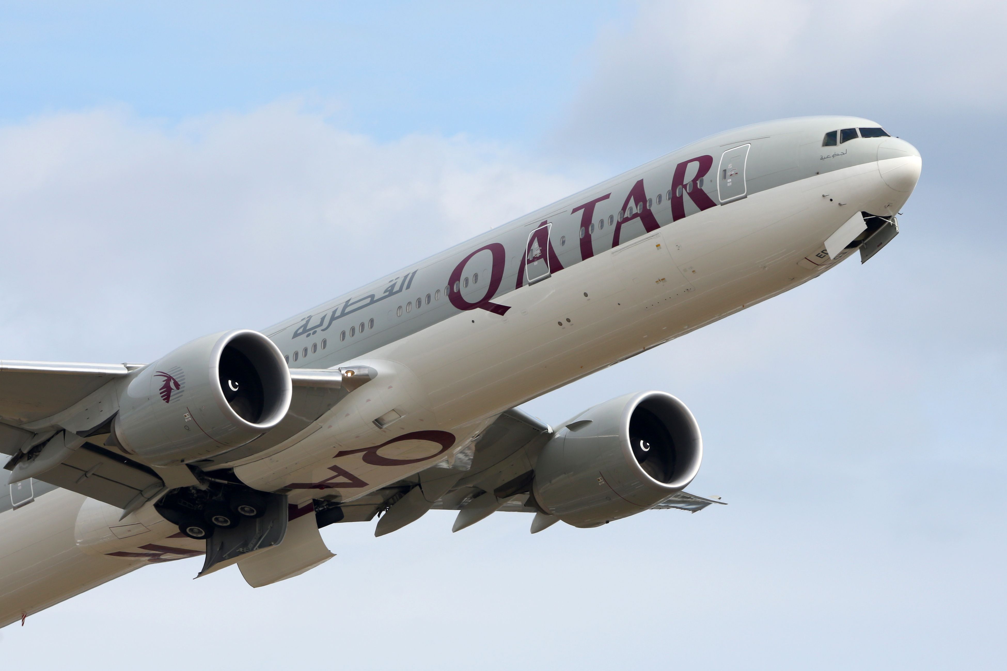 Qatar Airways Boeing 777-300ER taking off from LHR shutterstock_699949021