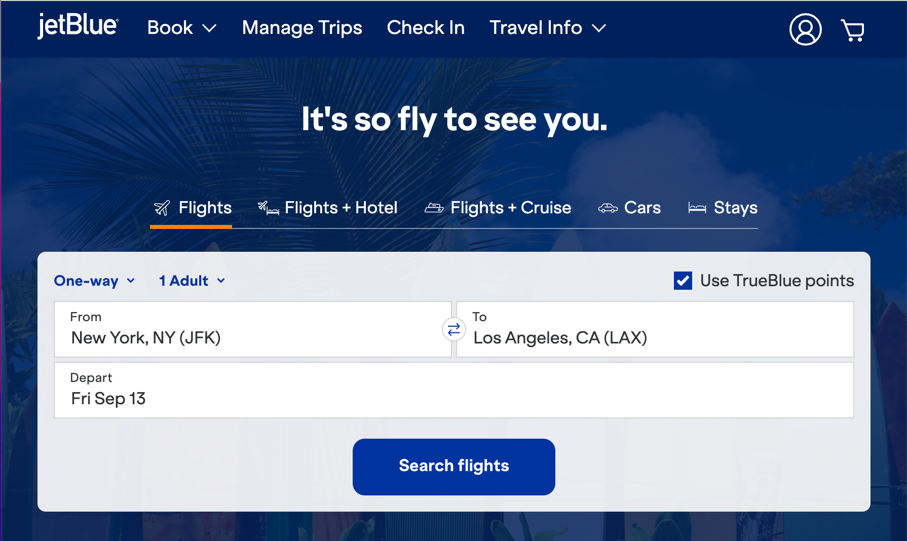 JetBlue flight search page